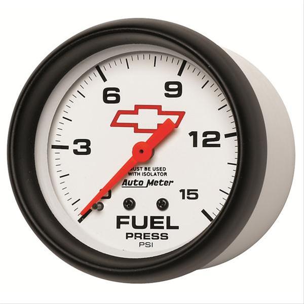 AutoMeter Gauge Fuel Press 2-5/8in. 15PSI Mech W/Isolator Chevy Red Bowtie White thumbnail 2