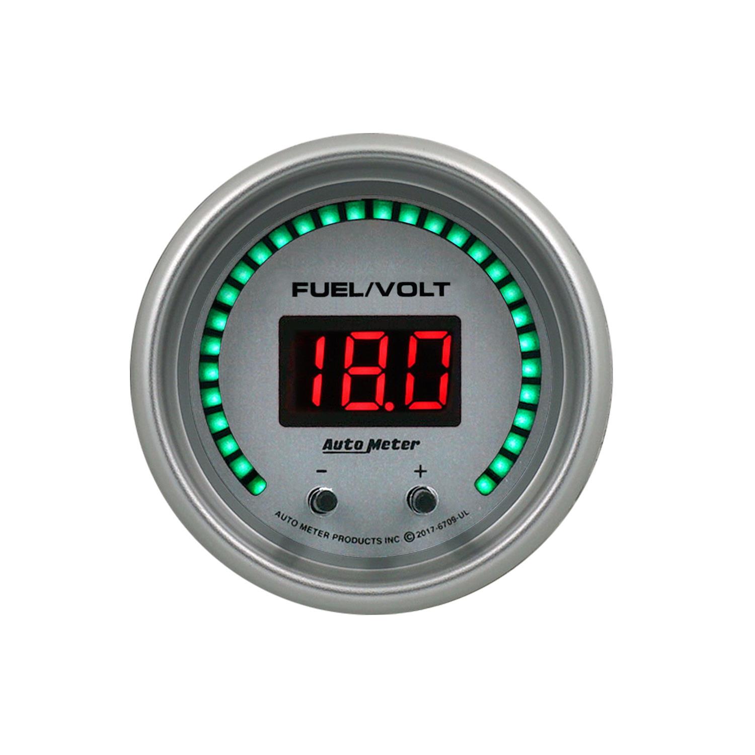 Autometer 52.4mm Silver Switchable 0-100 Fuel Level/8-18V Voltmeter Ultra-Lite Elite Digital Gauge