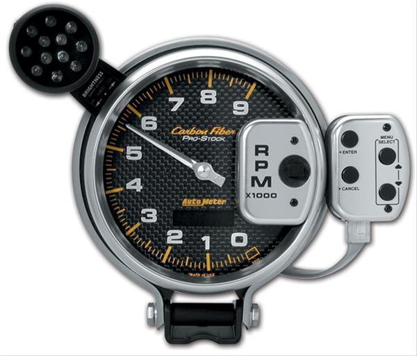 Autometer Tachometer 0-9000 RPM Carbon Fiber Pro-Stock Pedestal w/ Super Lite & Peak Mem 5in (127mm)