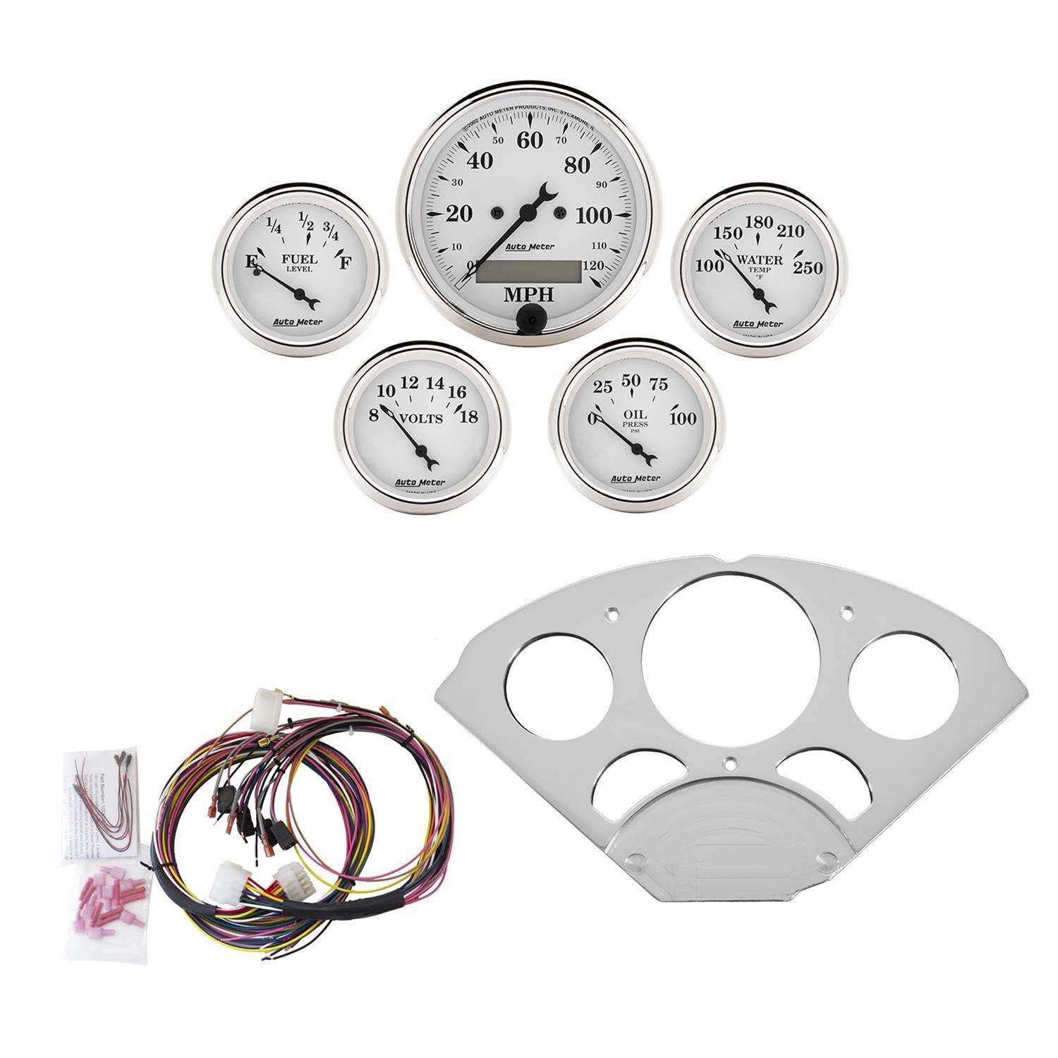 AutoMeter Old Tyme White Series Instrument Clusters 7033-OTW Cluster, White, Analog, Speedometer, Oil Pressure, Water Temperature, Fuel Level, Voltmeter, Polished Panel, Chevy, Kit thumbnail 3