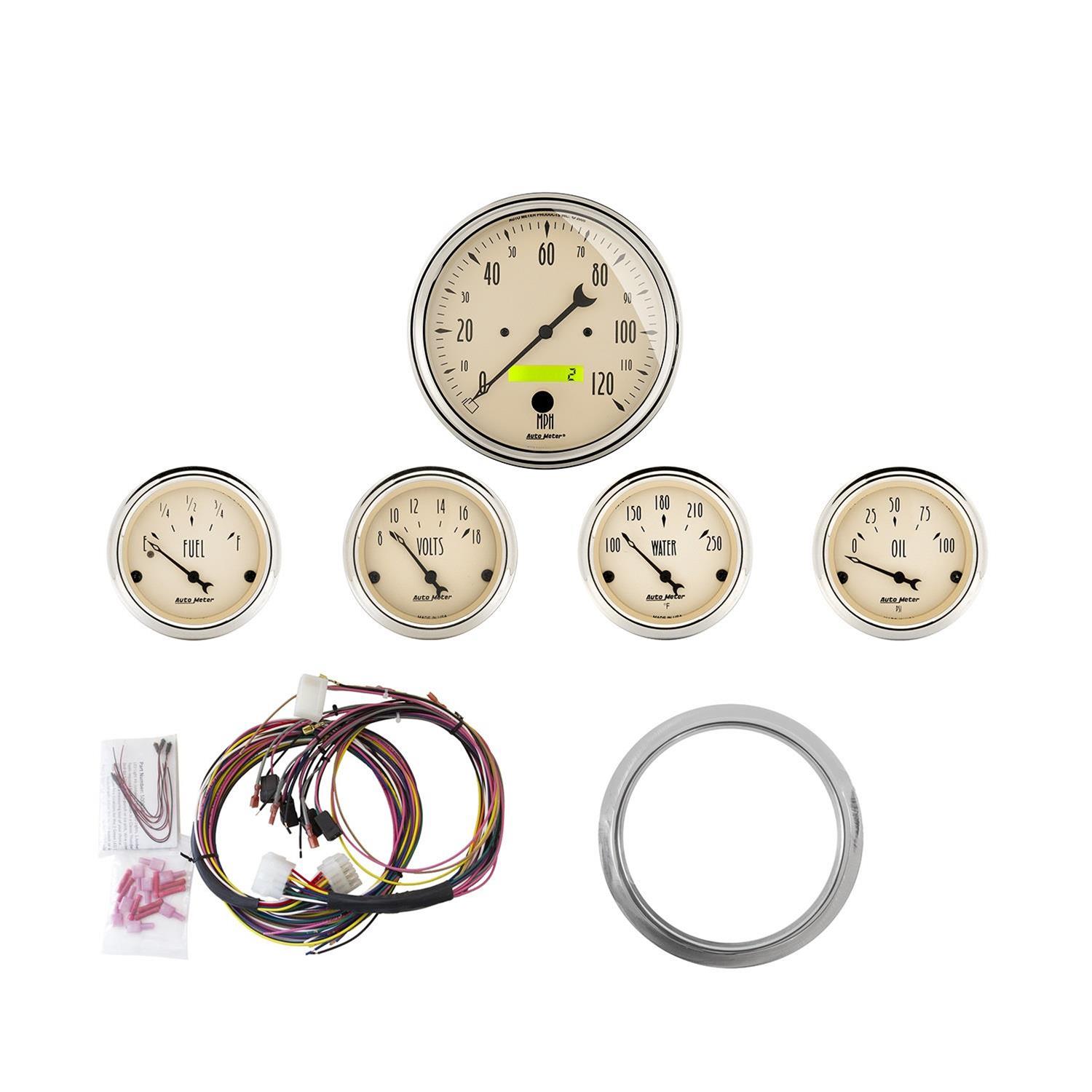 AutoMeter Antique Beige Analog Gauge Kits 7034-AB Instrument Cluster, Beige, Analog, Speedometer, Oil Pressure, Water Temperature, Fuel Level, Voltmeter, Face, Chevy, Kit thumbnail 7