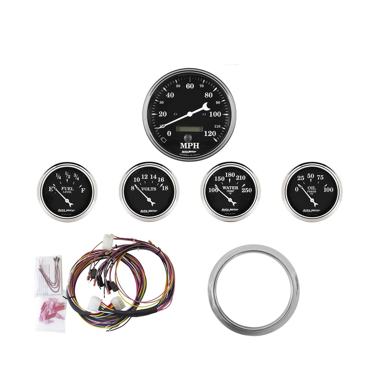 AutoMeter Old Tyme Black Series Analog Gauge Kits 7034-OTB Gauges, Series, Analog, Speedometer, Oil Pressure, Water Temperature, Fuel Level, Voltmeter, Face, Chevy, Kit thumbnail 3