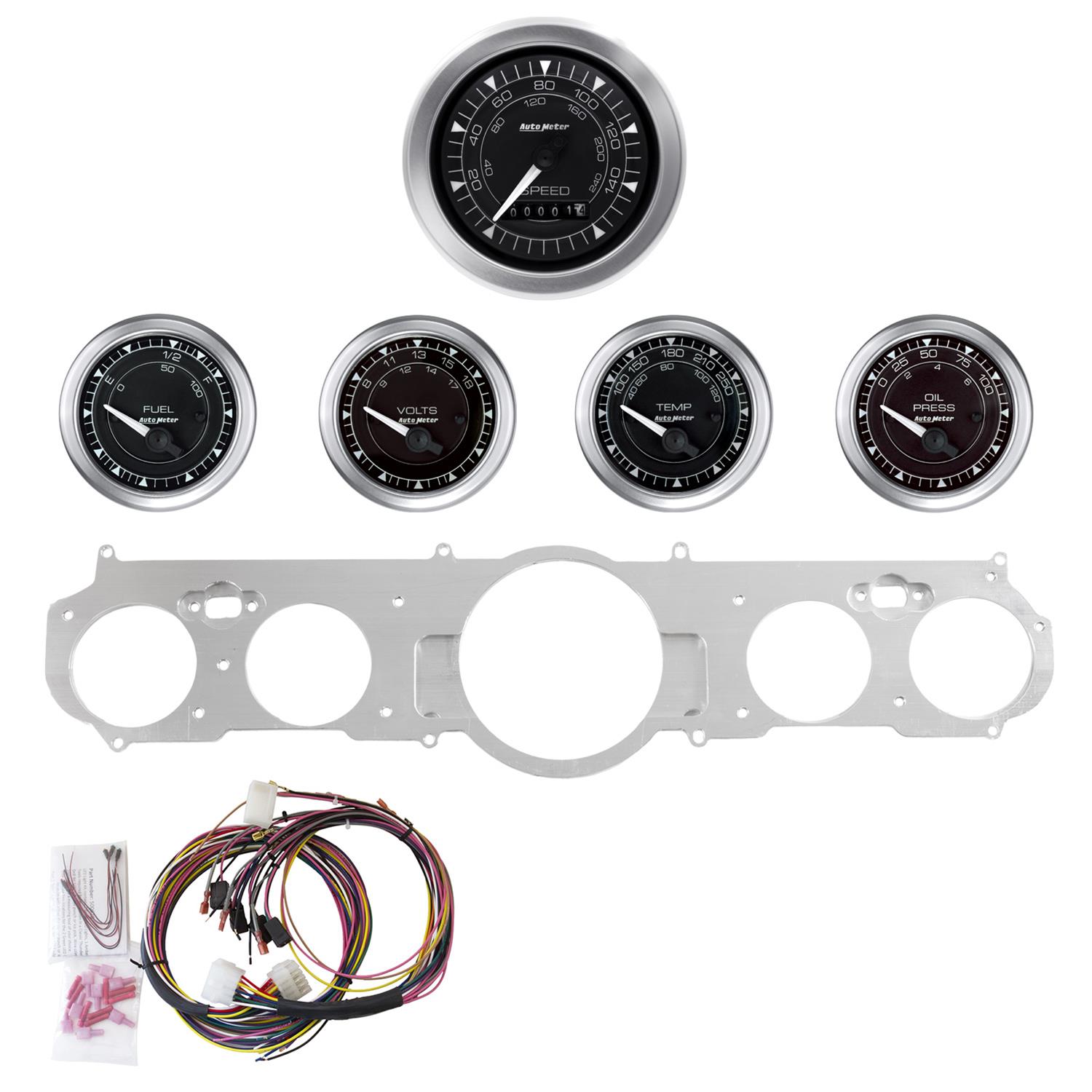 AutoMeter Chrono Instrument Clusters for 1965-1966 MUSTANG - 7035-04 Gauge Kit, Chrono, Analog, Black Face, Speedometer, Oil, Water, Volt, Fuel, White Numbers and Pointers, Aluminum Panel, Chevy, Kit