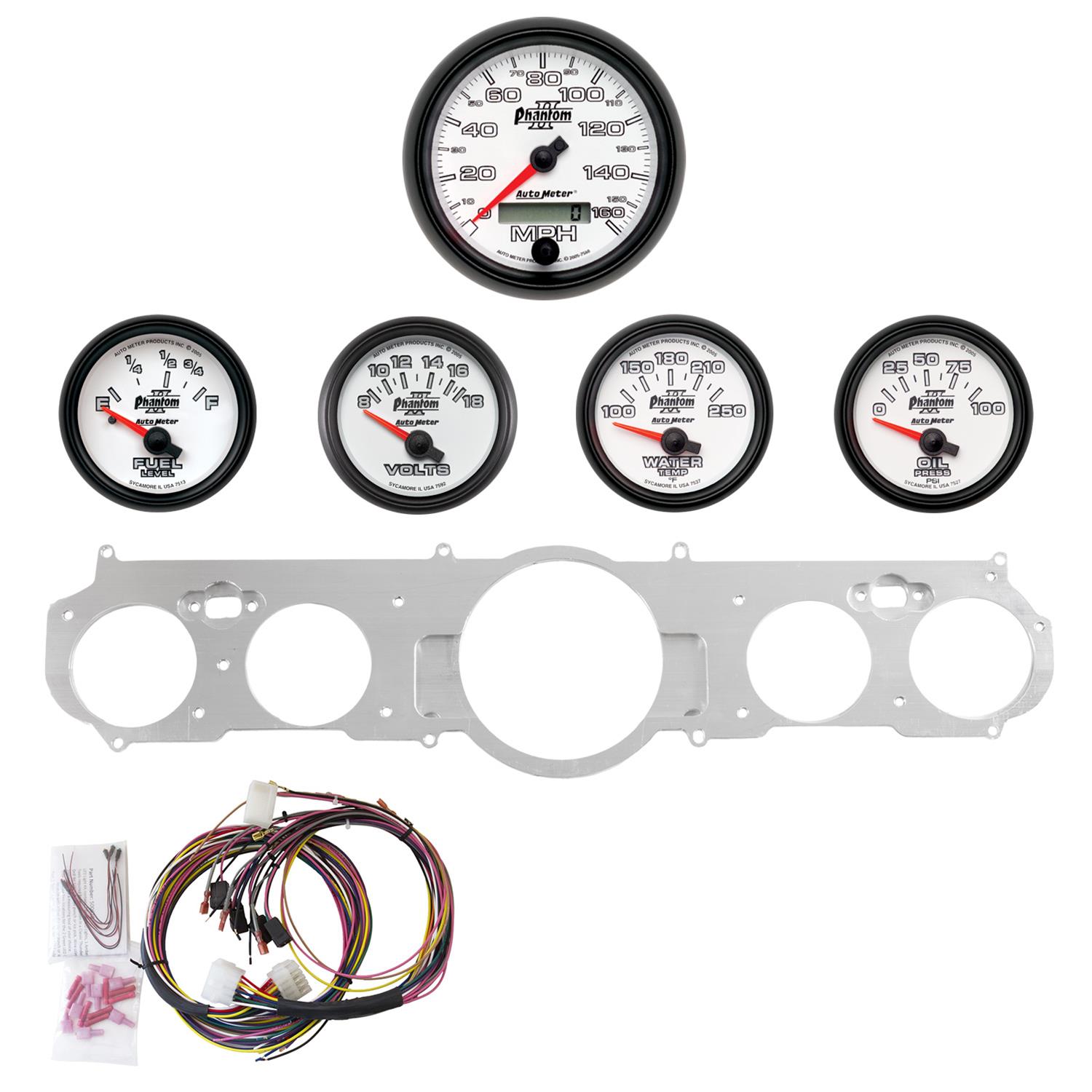 AutoMeter Phantom II Instrument Clusters for 1965-1966 MUSTANG - 7035-10 Gauge Kit, II, Analog, White Face, Speedometer, Oil, Water, Volt, Fuel, Silver Numbers, Red Pointers, Aluminum Panel, Chevy, Kit