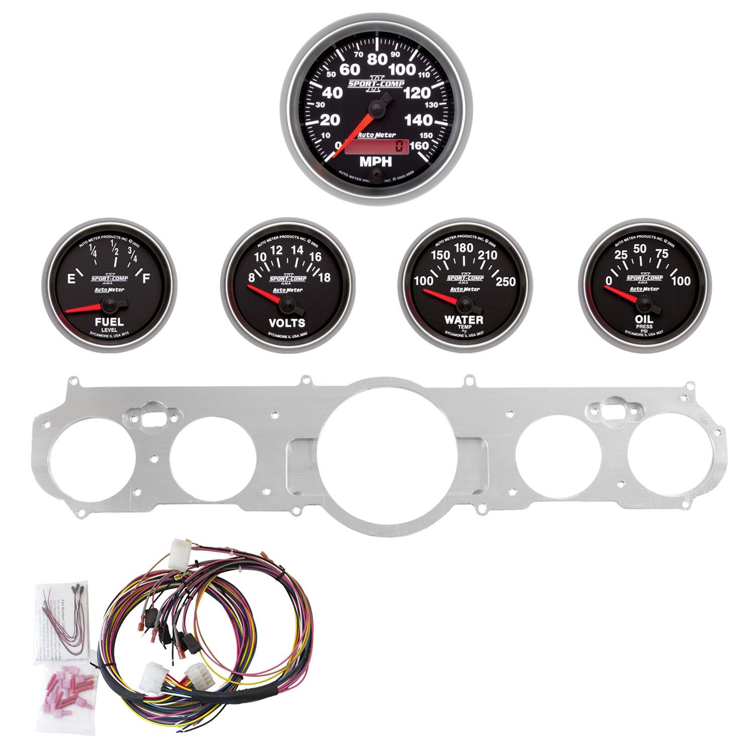 AutoMeter Sport-Comp II Instrument Clusters for 1965-1966 MUSTANG - 7035-12 Gauge Kit, Sport-Comp, Analog, Black Face, Speedometer, Oil, Water, Volt, Fuel, White Numbers, Red Pointers, Aluminum Panel, Chevy, Kit