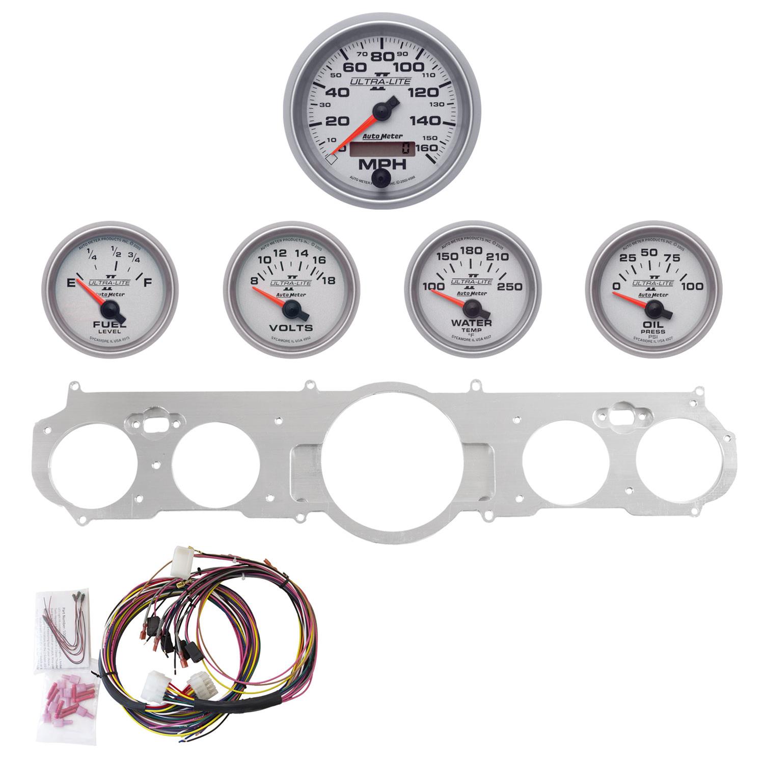 AutoMeter Ultra-Lite II Instrument Clusters for 1965-1966 MUSTANG - 7035-14 Gauge Kit, II, Analog, Silver Face, Speedometer, Oil, Water, Volt, Fuel, Black Numbers, Red Pointers, Aluminum Panel, Chevy, Kit