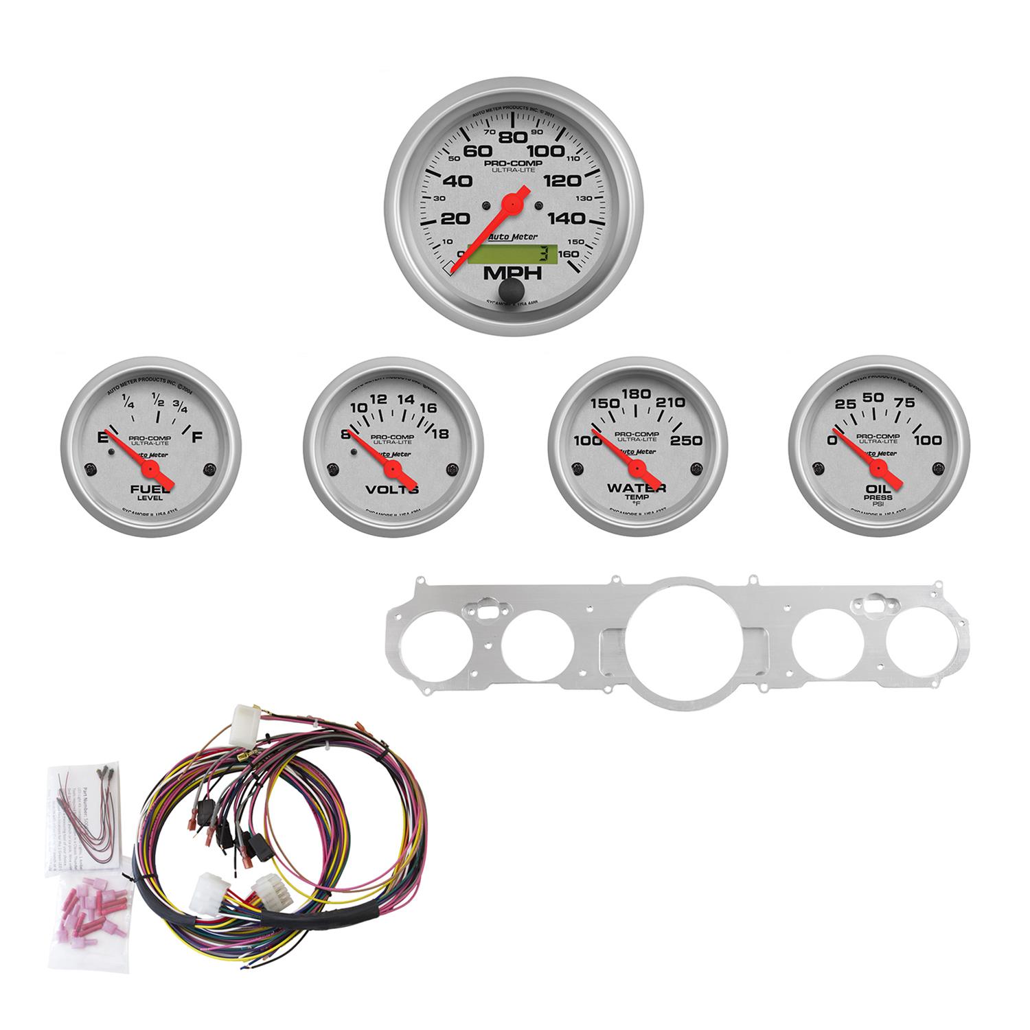 AutoMeter Ultra-Lite Instrument Clusters for 1965-1966 MUSTANG - 7035-UL Gauges, Cluster, Analog, Speedometer, Oil Pressure, Water Temperature, Fuel Level, White Face, Polished Gauge Panel, Ford, Kit