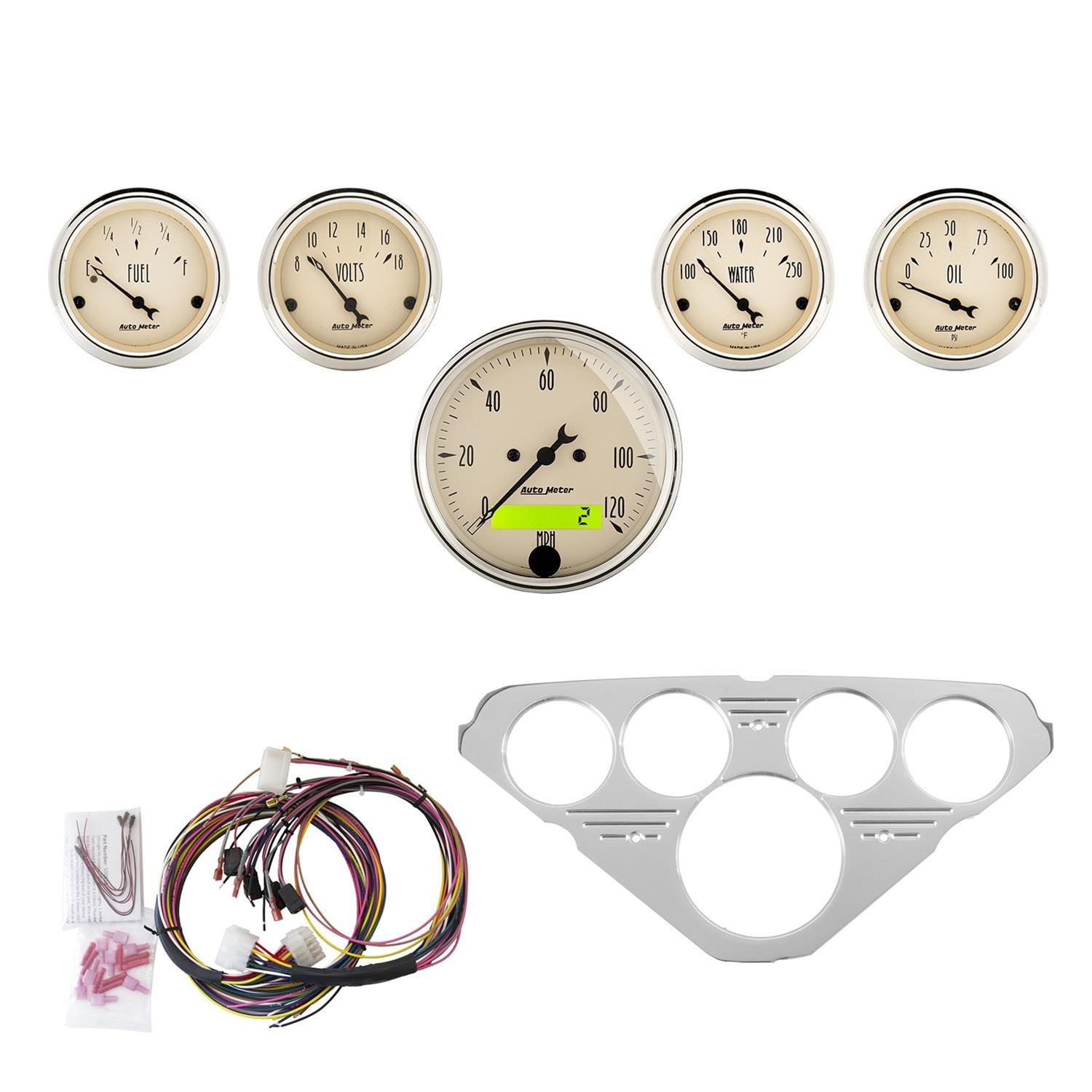 AutoMeter Antique Beige Instrument Clusters 7036-AB Cluster, Beige, Analog, Speedometer, Oil Pressure, Water Temperature, Fuel Level, Voltmeter, Polished Gauge Panel, Chevy, Kit thumbnail 7
