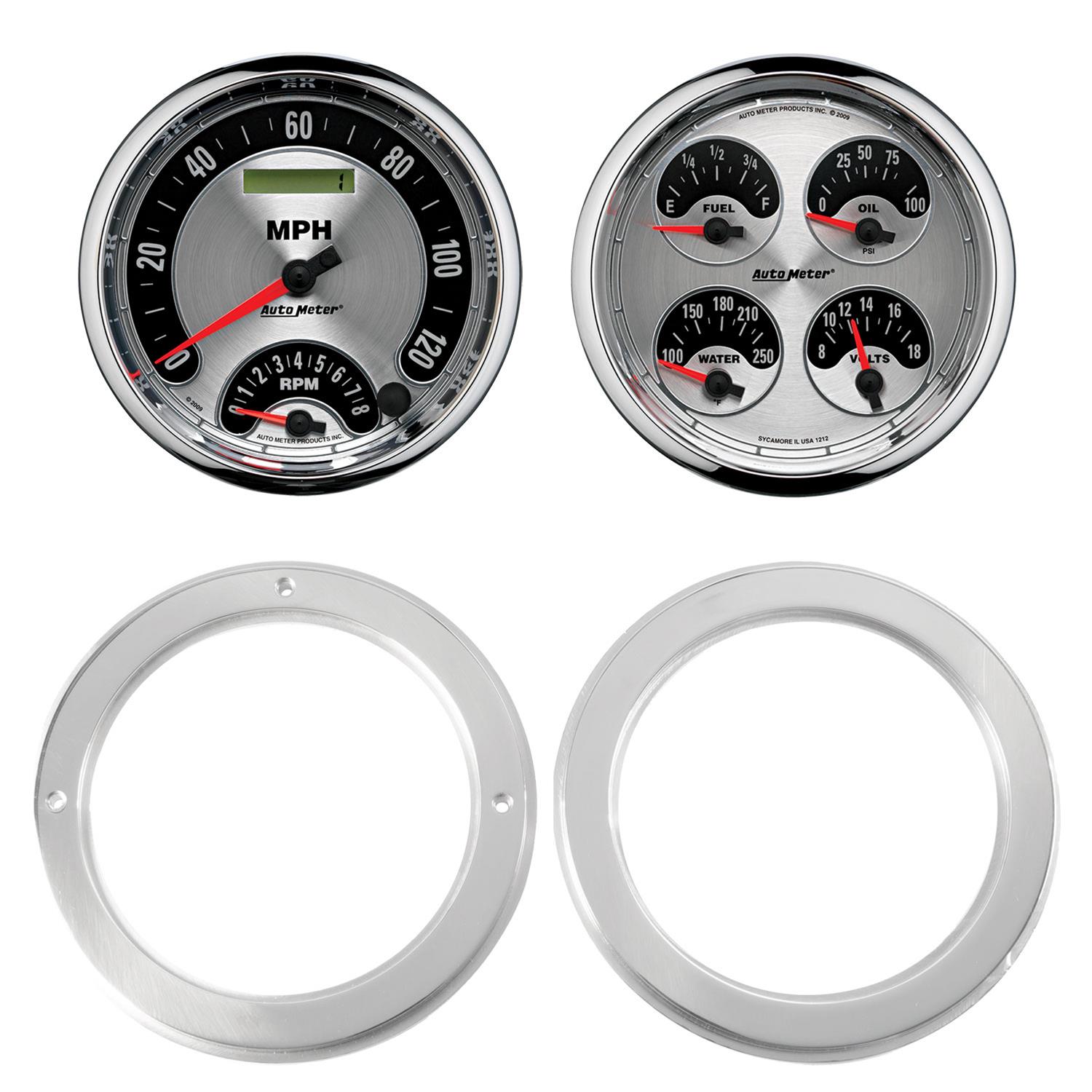 AutoMeter American Muscle Instrument Clusters 7037-01 Gauge Kit, Muscle, Analog, Silver Face, Speedometer, Oil, Water, Volt, Fuel, White Numbers, Red Pointers, Aluminum Panel, Chevy, Kit
