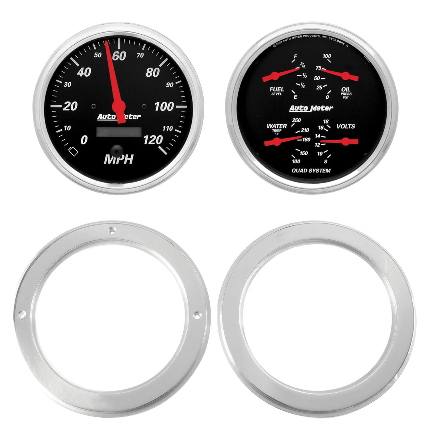 AutoMeter Designer Black Instrument Clusters 7037-06 Gauge Kit, Black, Analog, Speedometer, Oil, Water, Volt, Fuel, White Numbers, Red Pointers, Aluminum Panel, Chevy, Kit