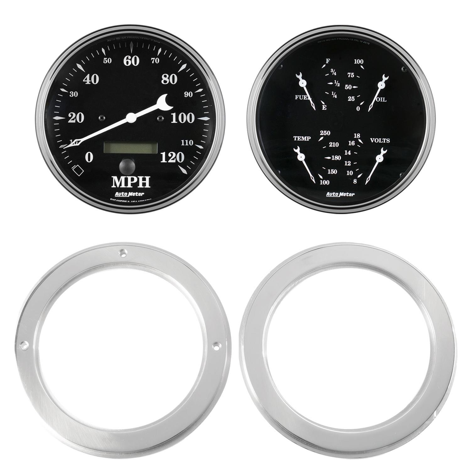 AutoMeter Old Tyme Black Series Instrument Clusters 7037-07 Gauge Kit, Black, Analog, Speedometer, Oil, Water, Volt, Fuel, White Numbers and Pointers, Aluminum Panel, Chevy, Kit