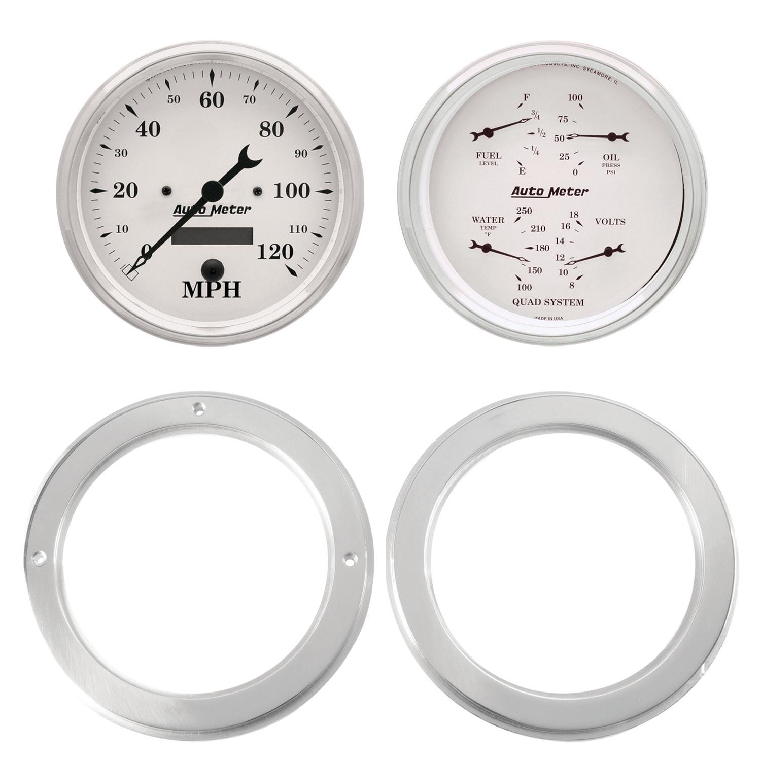 AutoMeter Old Tyme White Series Instrument Clusters 7037-08 Gauge Kit, White, Analog, Speedometer, Oil, Water, Volt, Fuel, Black Numbers and Pointers, Aluminum Panel, Chevy, Kit