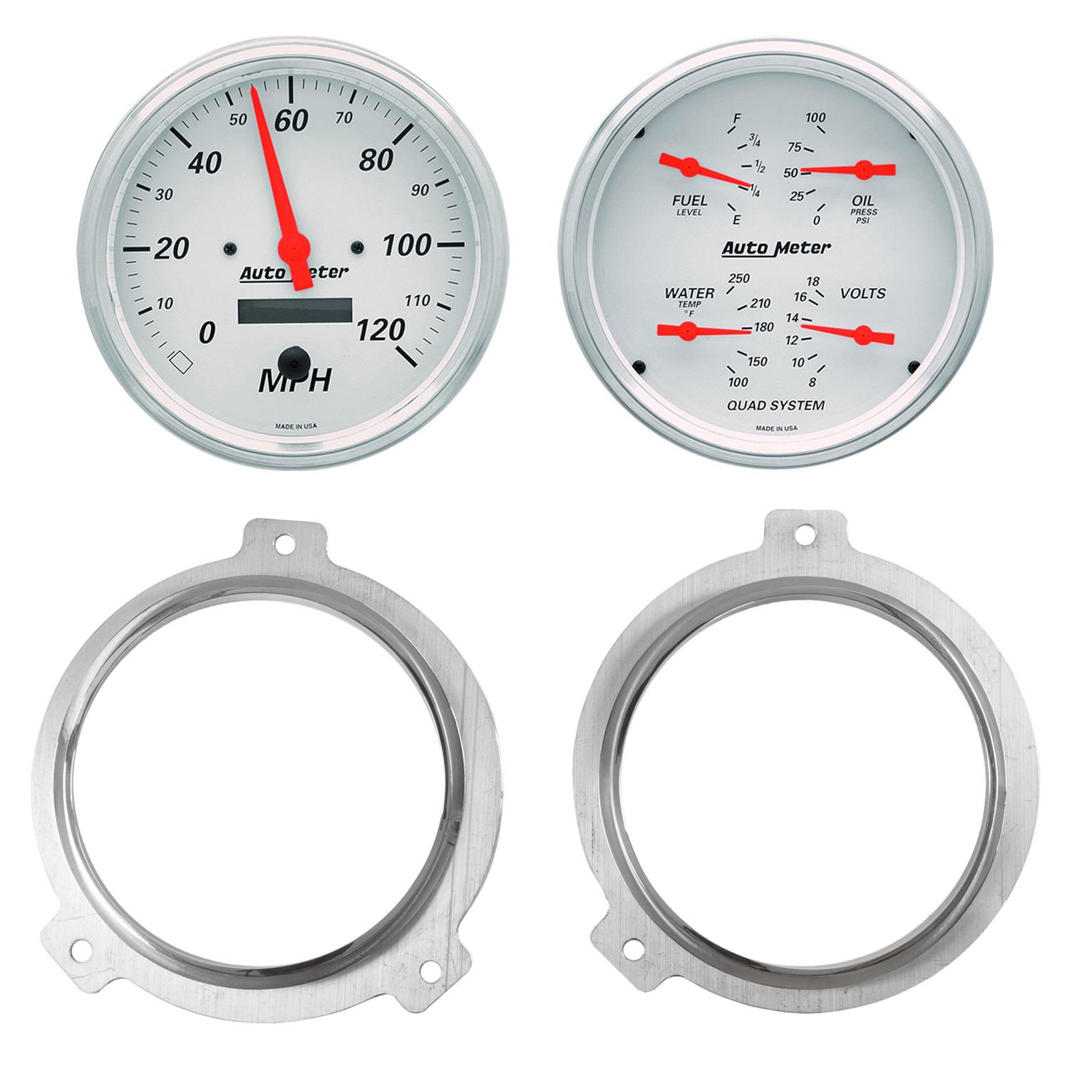AutoMeter Arctic White Instrument Clusters 7038-03 Gauge Kit, White, Analog, Speedometer, Oil, Water, Volt, Fuel, Black Numbers, Red Pointers, Aluminum Panel, Chevy, Kit