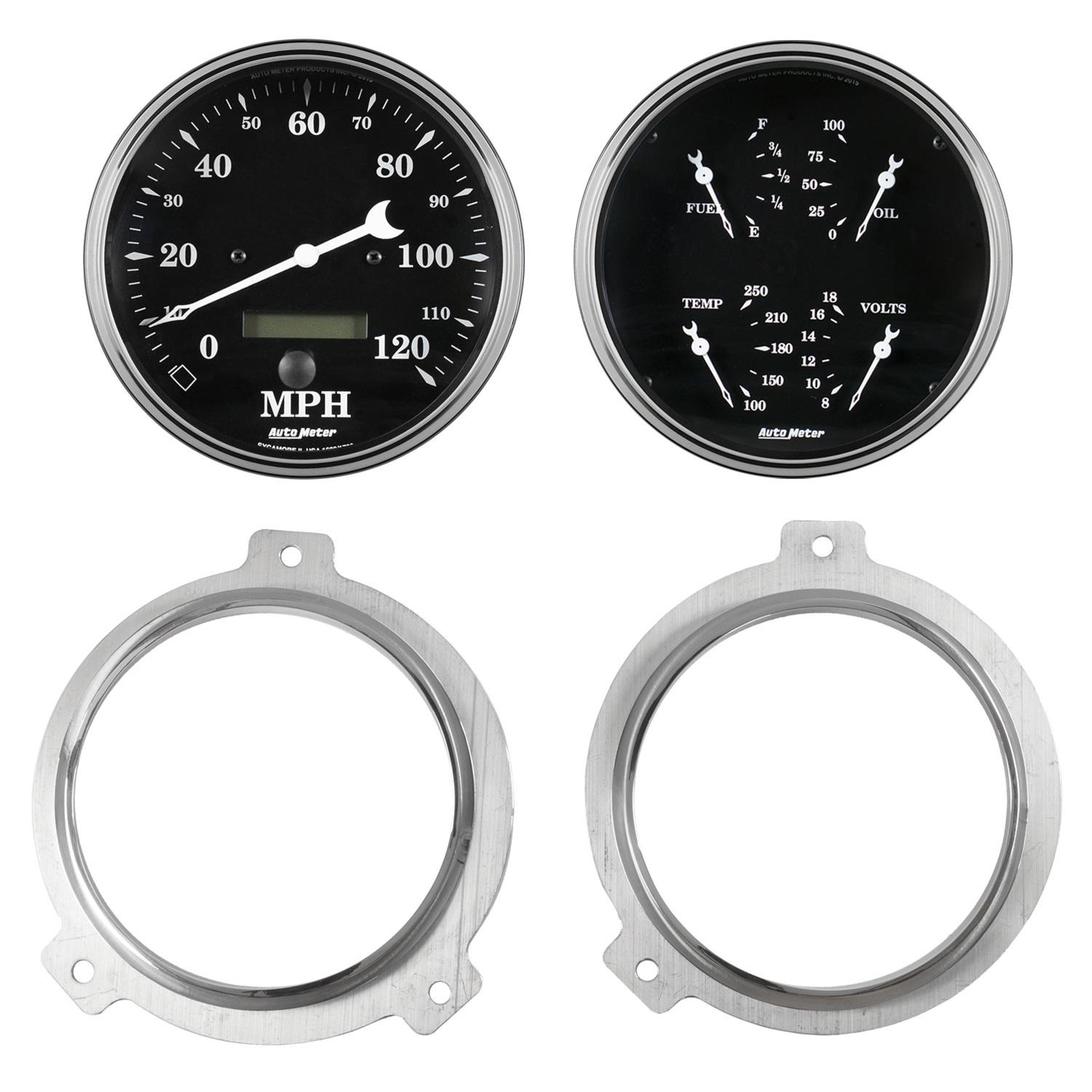 AutoMeter Old Tyme Black Series Instrument Clusters 7038-07 Gauge Kit, Black, Analog, Speedometer, Oil, Water, Volt, Fuel, White Numbers and Pointers, Aluminum Panel, Chevy, Kit