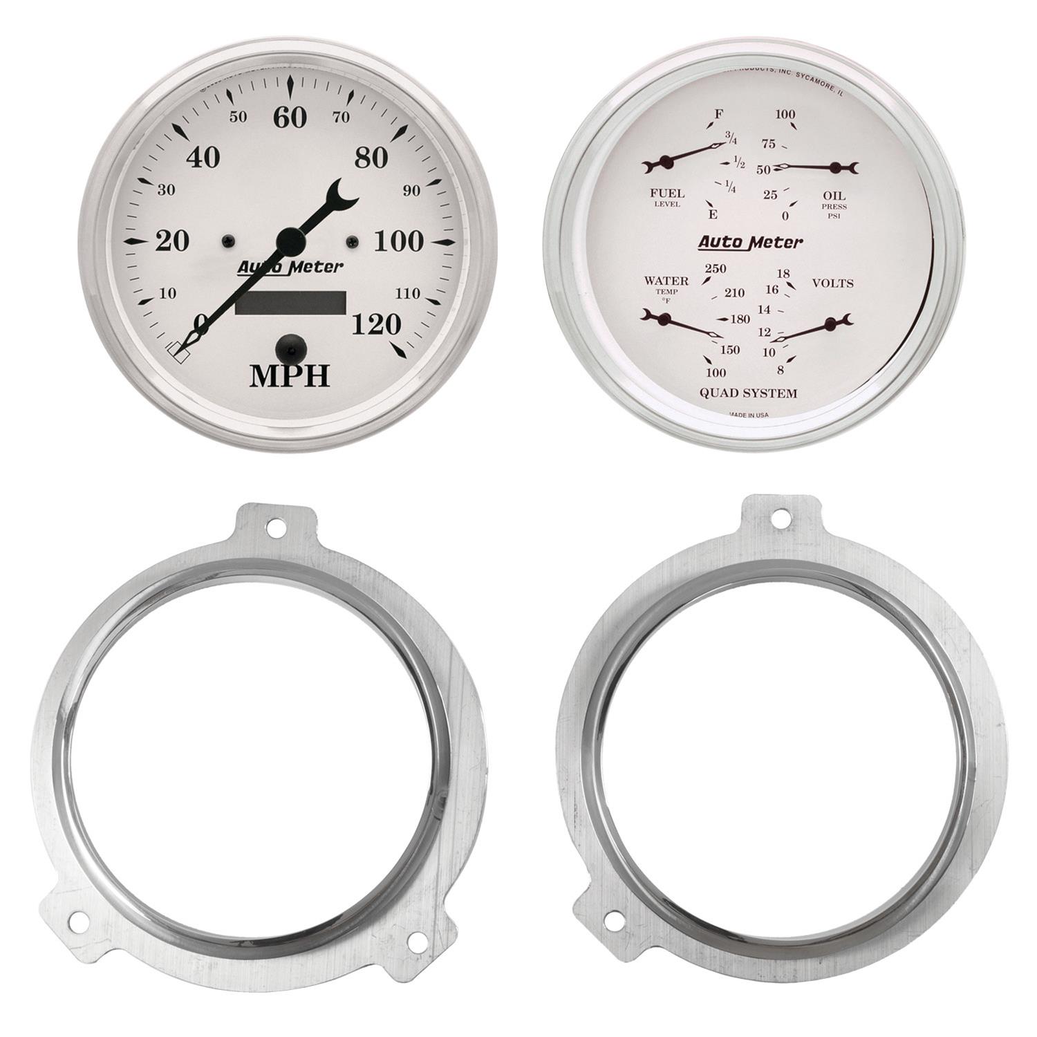 AutoMeter Old Tyme White Series Instrument Clusters 7038-08 Gauge Kit, White, Analog, Speedometer, Oil, Water, Volt, Fuel, Black Numbers and Pointers, Aluminum Panel, Chevy, Kit