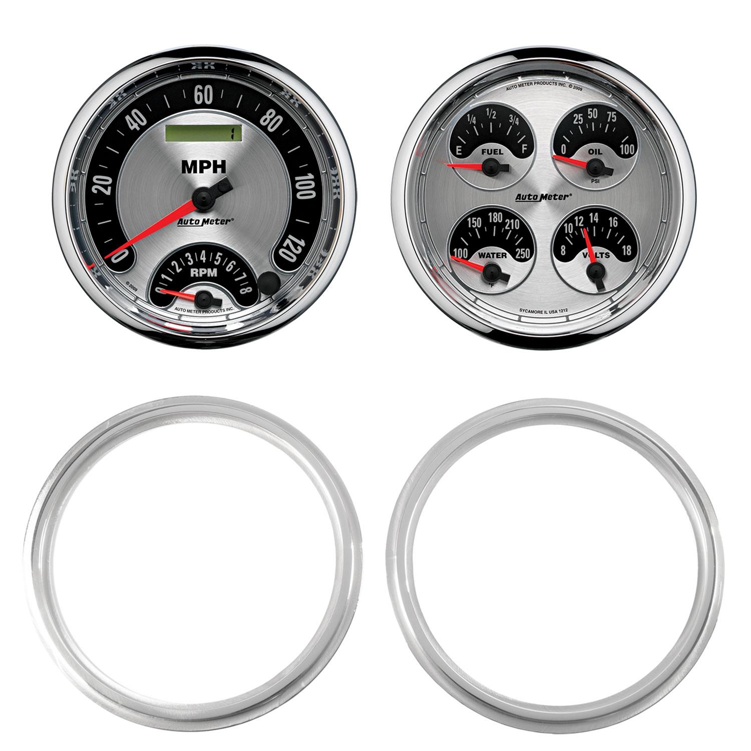 AutoMeter American Muscle Instrument Clusters 7039-01 Gauge Kit, Muscle, Analog, Silver Face, Speedometer, Oil, Water, Volt, Fuel, White Numbers, Red Pointers, Aluminum Panel, Chevy, Kit