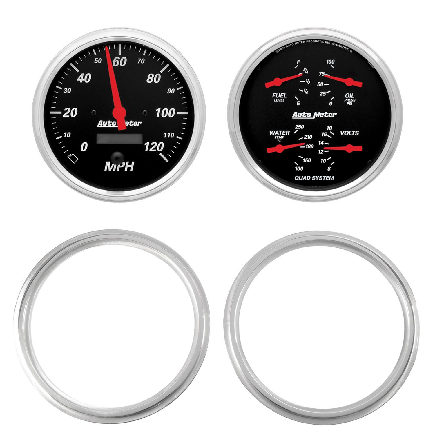 AutoMeter Designer Black Instrument Clusters 7039-06 Gauge Kit, Black, Analog, Speedometer, Oil, Water, Volt, Fuel, White Numbers, Red Pointers, Aluminum Panel, Chevy, Kit