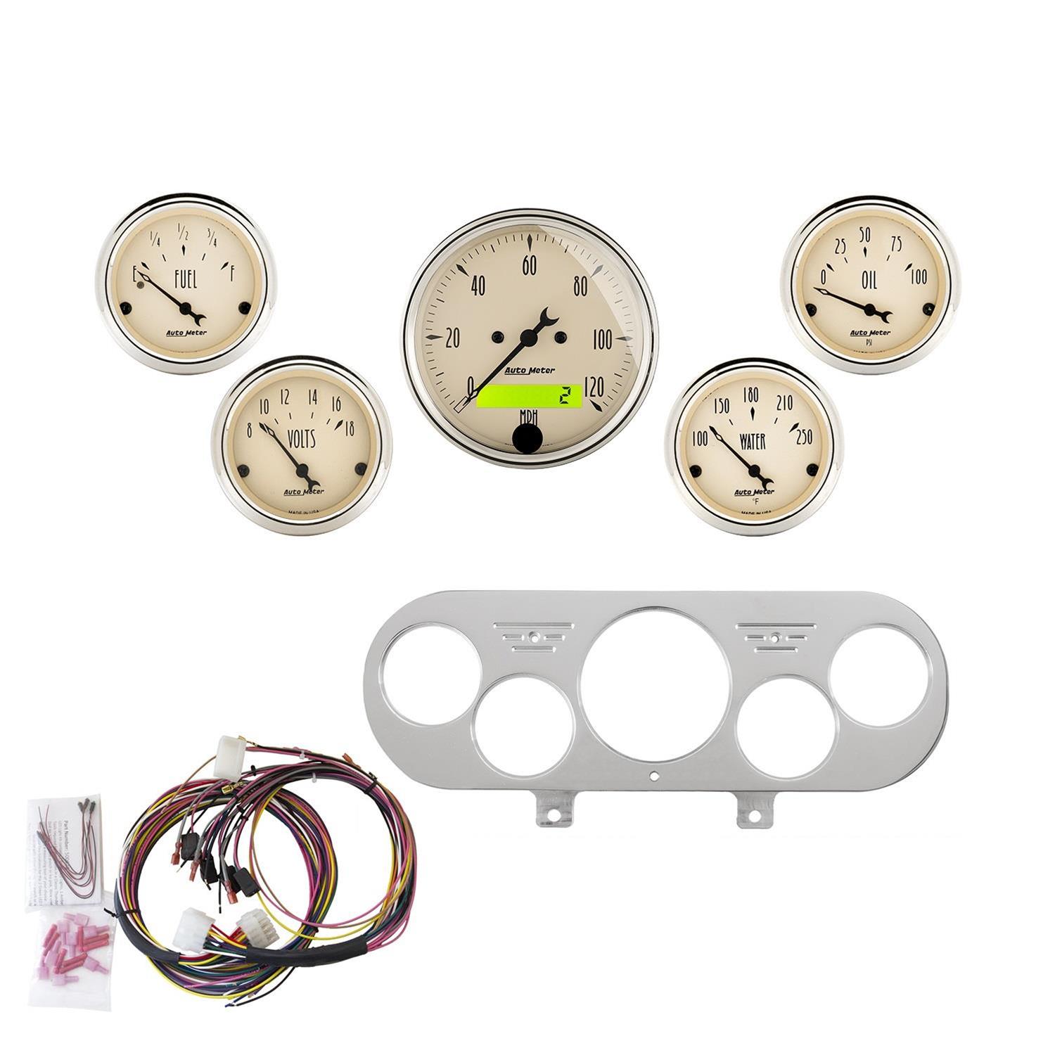 AutoMeter Antique Beige Instrument Clusters for 1962-1965 CHEVY II - 7044-AB Cluster, Beige, Analog, Speedometer, Oil Pressure, Water Temperature, Fuel Level, Voltmeter, Polished Gauge Panel, Chevy, Kit thumbnail 7