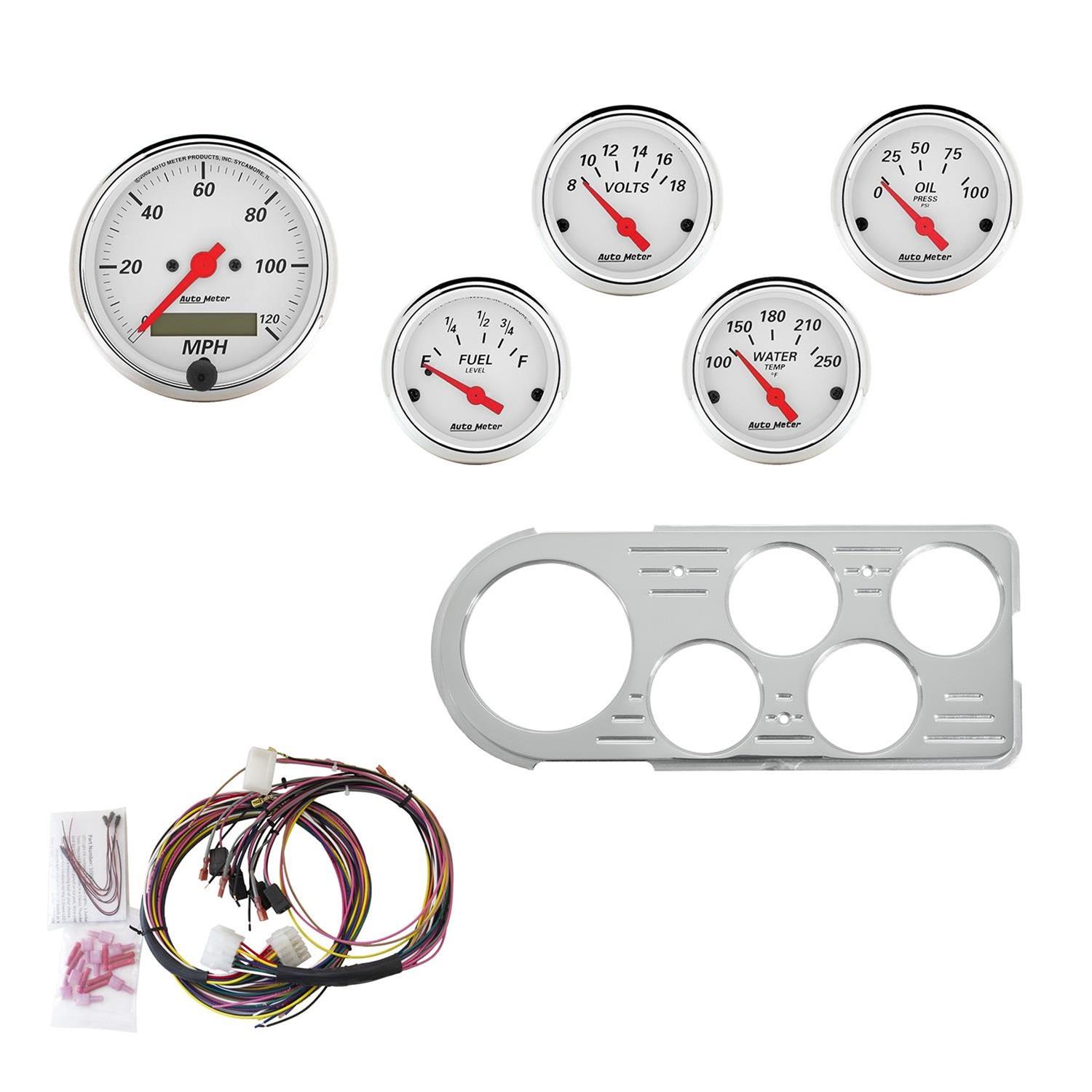 AutoMeter Arctic White Instrument Clusters 7046-AW Cluster, White, Analog, Speedometer, Oil Pressure, Water Temperature, Fuel Level, Voltmeter, Face, Polished Panel, Ford, Kit thumbnail 2