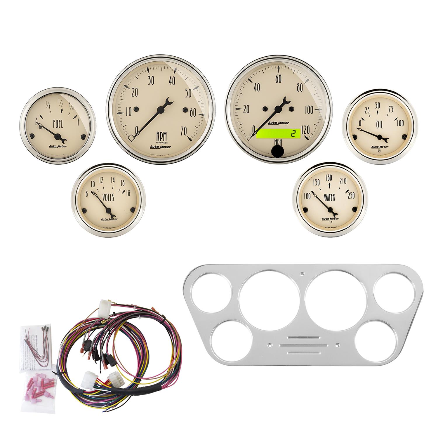 AutoMeter Antique Beige Instrument Clusters for 1953-1955 F-100, F-250, F-350 - 7048-AB Cluster, Beige, Analog, Speedometer, Tach, Oil Pressure, Water Temperature, Fuel Level, Voltmeter, Polished Gauge Panel, Ford, Kit