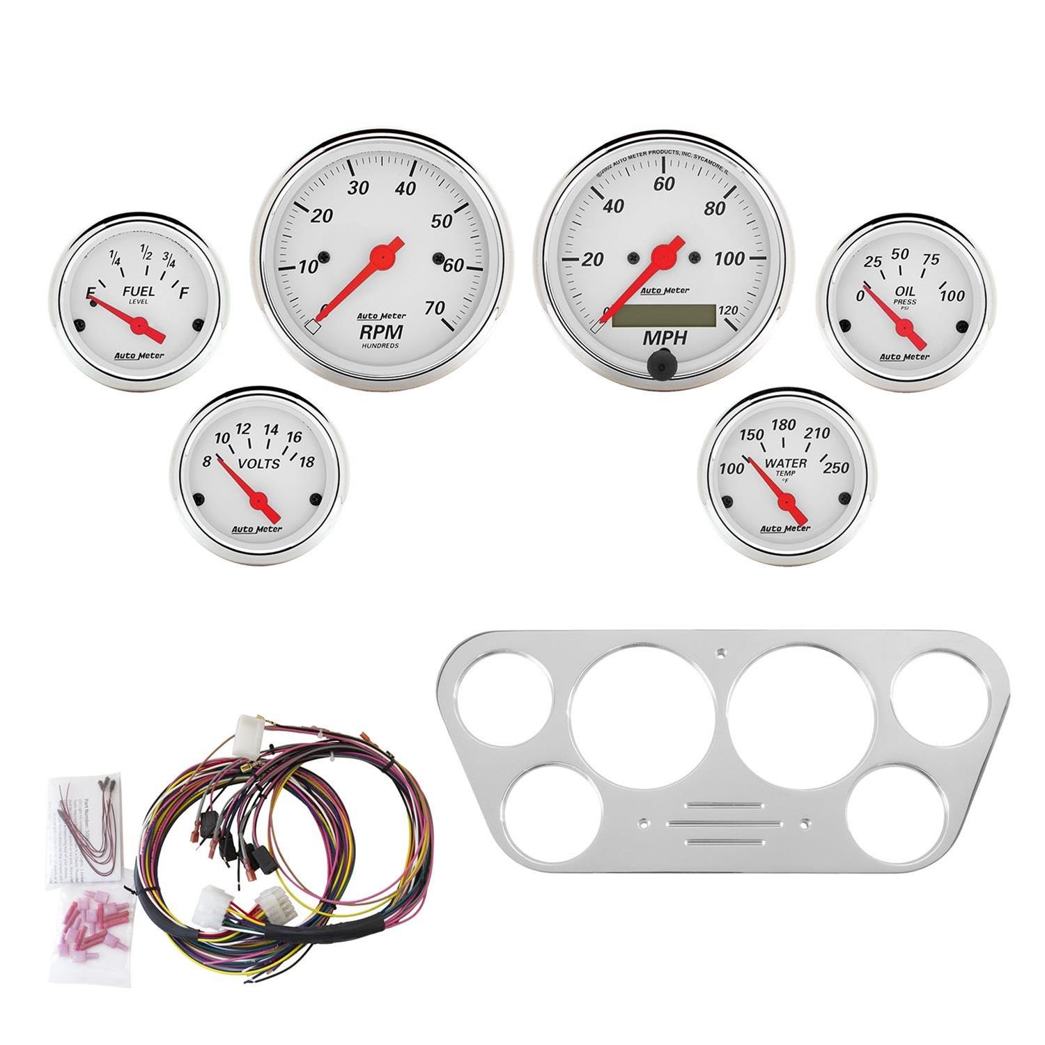 AutoMeter Arctic White Instrument Clusters for 1953-1955 F-100, F-250, F-350 - 7048-AW Cluster, White, Analog, Speedometer, Tach, Oil Pressure, Water Temperature, Fuel Level, Voltmeter, Polished Panel, Ford, Kit thumbnail 2
