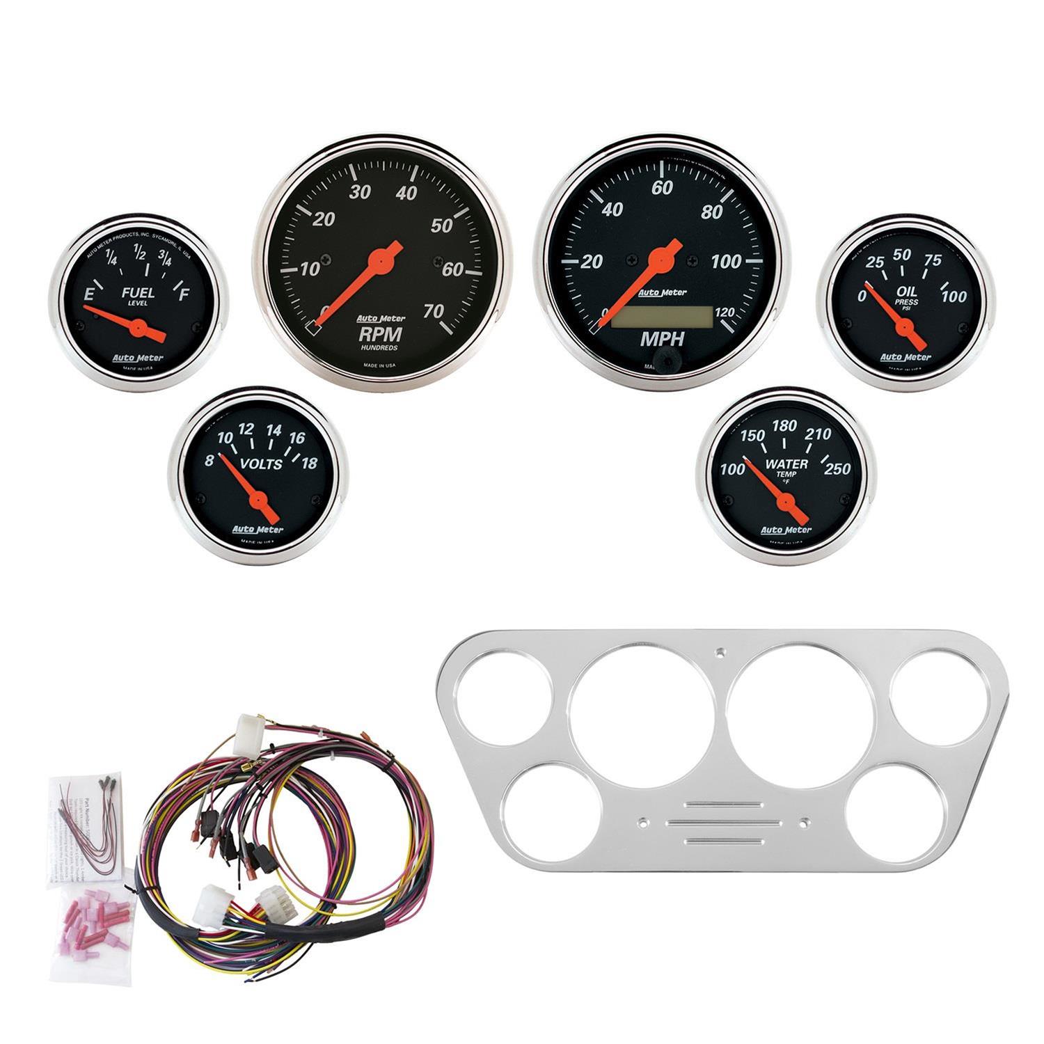 AutoMeter Designer Black Instrument Clusters for 1953-1955 F-100, F-250, F-350 - 7048-DB Gauges, Cluster, Analog, Speedometer, Tach, Water Temperature, Fuel Level, Face, Polished Gauge Panel, Ford, Kit