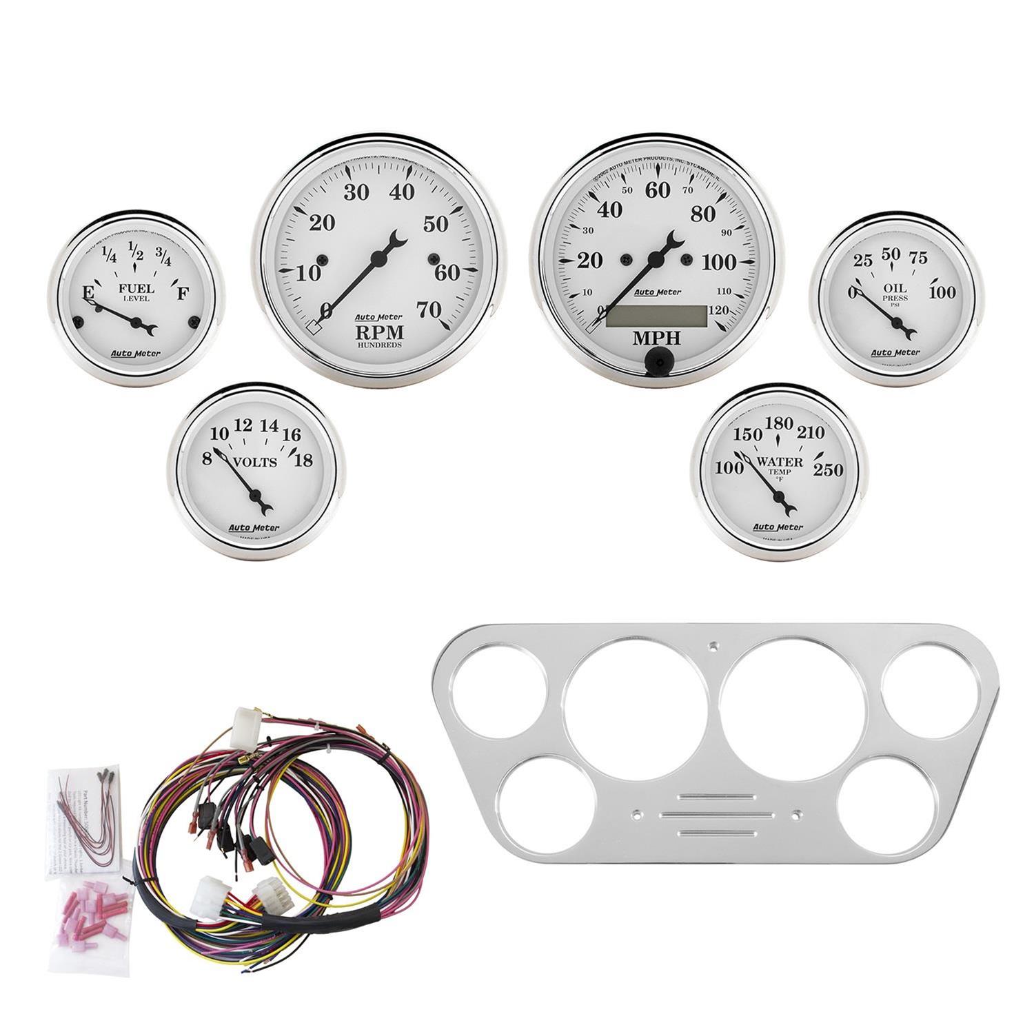 AutoMeter Old Tyme White Series Instrument Clusters for 1953-1955 F-100, F-250, F-350 - 7048-OTW Cluster, White, Analog, Speedometer, Tach, Oil Pressure, Water Temperature, Fuel Level, Voltmeter, Polished Panel, Ford, Kit