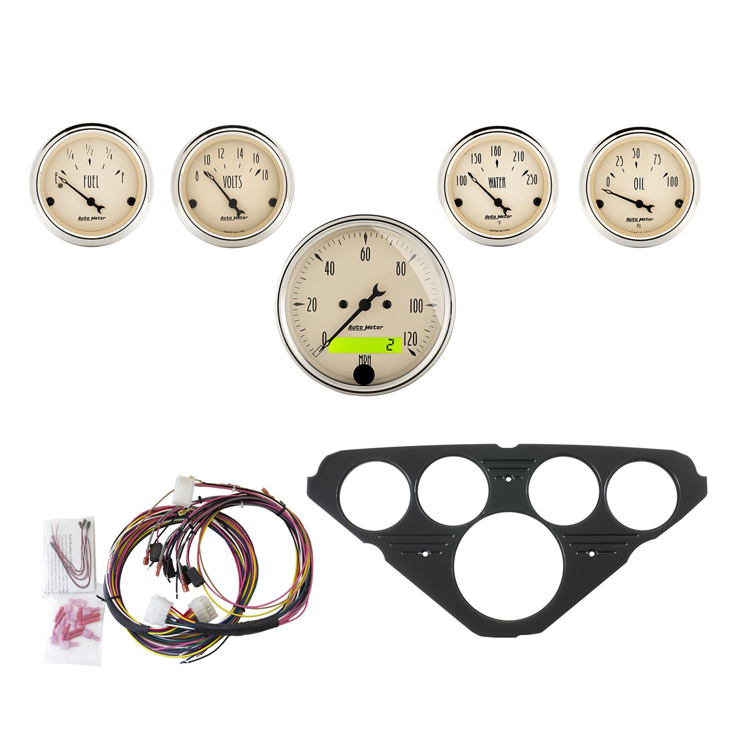 AutoMeter Antique Beige Instrument Clusters 7049-AB Cluster, Beige, Analog, Speedometer, Oil Pressure, Water Temperature, Fuel Level, Voltmeter, Black Gauge Panel, Chevy, Kit