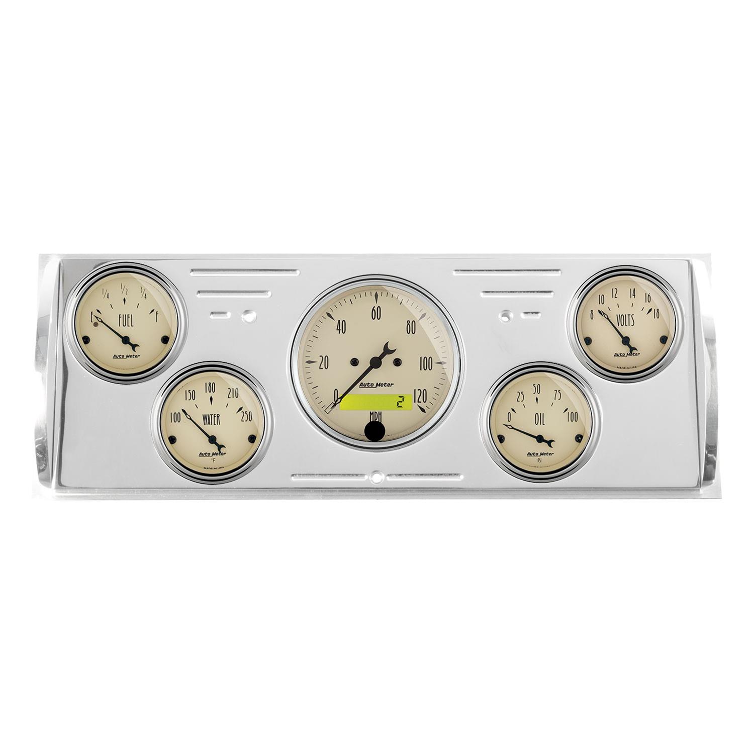 AutoMeter Antique Beige Instrument Clusters 7057-AB Cluster, Beige, Analog, Speedometer, Oil Pressure, Water Temperature, Fuel Level, Voltmeter, Polished Gauge Panel, Chevy, GMC, Kit