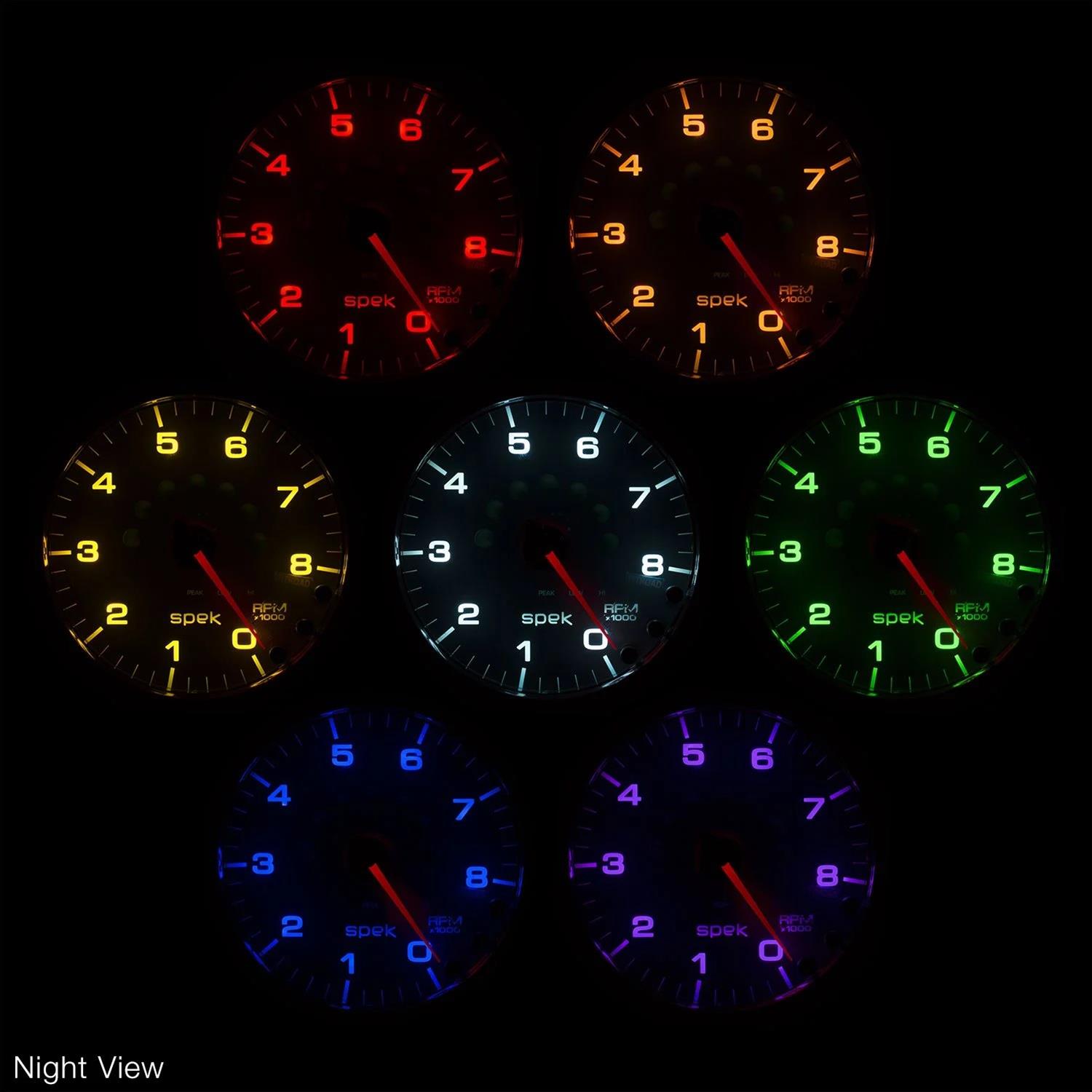 Autometer Spek-Pro Gauge Tachometer 5in 8K Rpm W/Shift Light & Peak Mem Black/Smoke/Black thumbnail 5