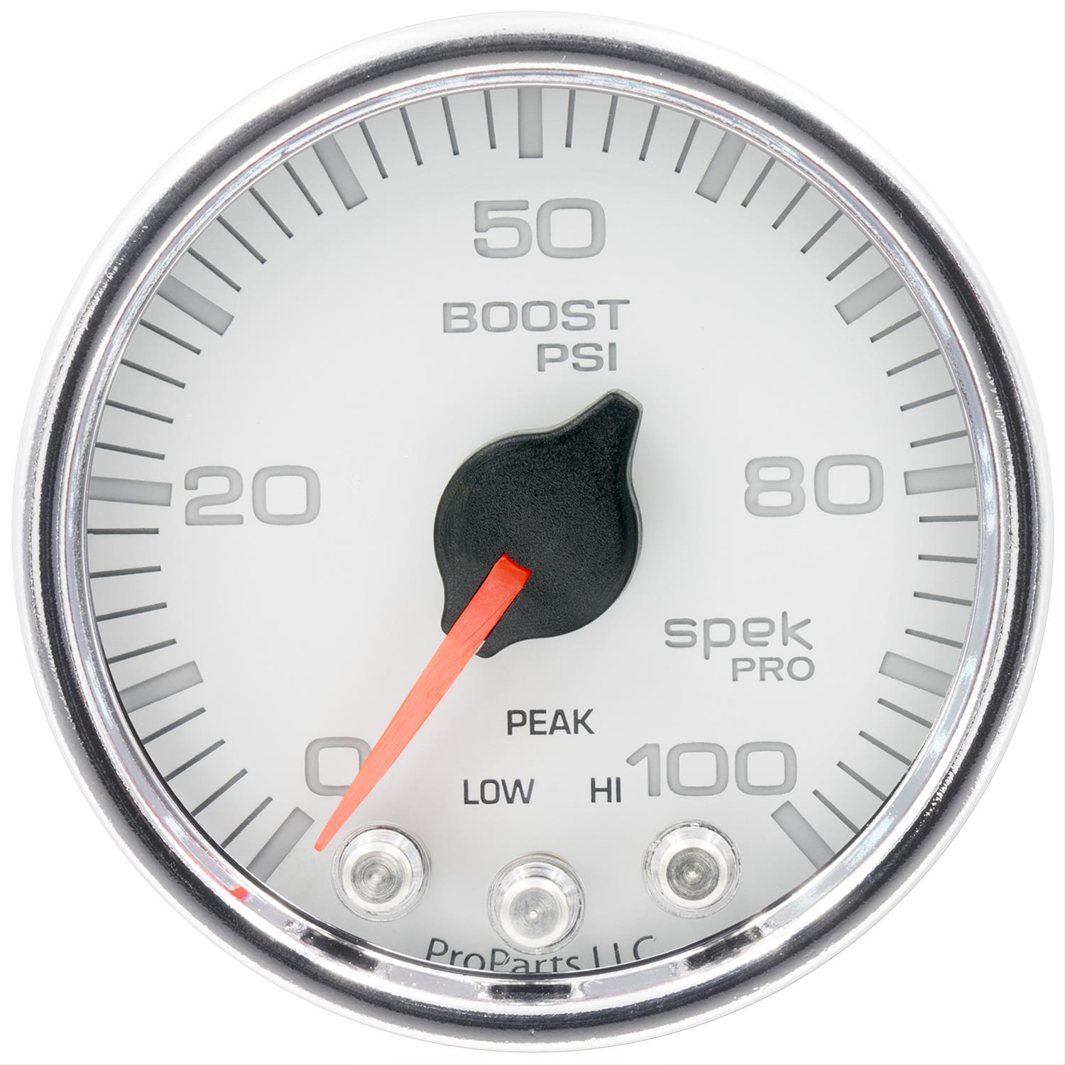 AutoMeter Spek-Pro Analog Gauges P30511 Gauges, Spek-Pro, Boost Pressure, 0-100 psi., 2 1/16 in., White Face, Multicolor Numbers, Chrome Bezel, Analog, Electrical, Each