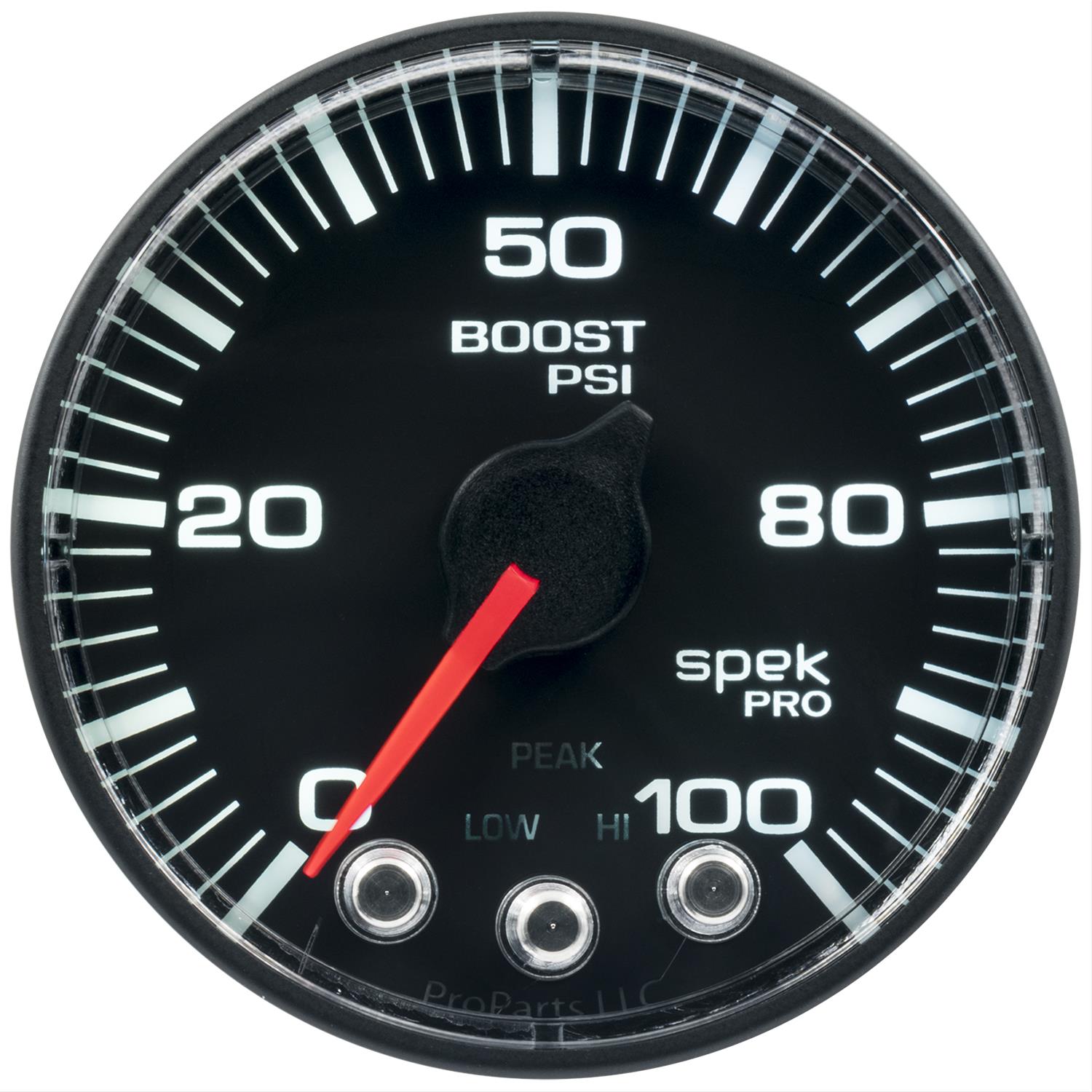 Autometer Spek-Pro Gauge Boost 2 1/16in 100psi Stepper Motor W/Peak & Warn Blk/Blk