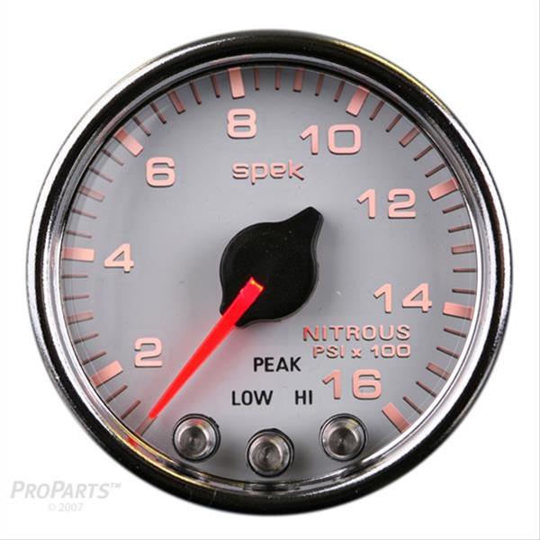 AutoMeter Spek-Pro Analog Gauges P32011 Gauges, Spek-Pro, Nitrous Pressure, 0-1,600 psi, 2 1/16 in., White Face, Multicolor Numbers, Chrome Bezel, Analog, Electrical, Each thumbnail 4