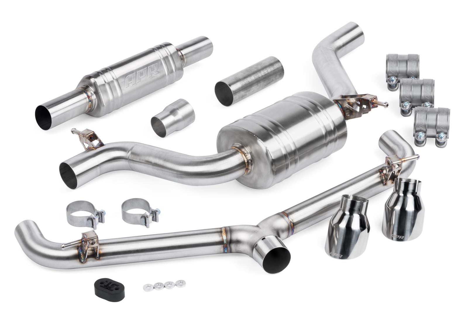 APR Cat-Back Exhaust Systems CBK0039 Systems, Catback, Stainless Steel, Natural, Front Muffler, Split Rear Exit, Polished Tips, Volkswagen, 2.0L, Kit thumbnail 2