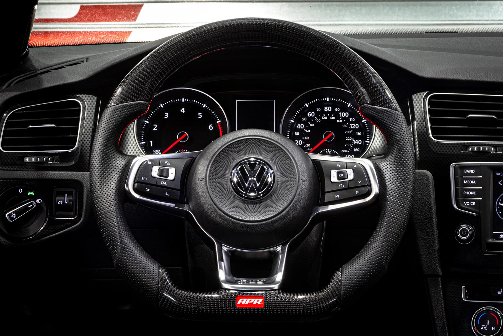 APR Steering Wheels for 2015-2019 GOLF R, 2015-2021 GTI, 2015-2026 JETTA - MS100205 Wheels, Wheel, Carbon Fiber/Leather, Black, Red Stitching, without Paddle Shift, Each