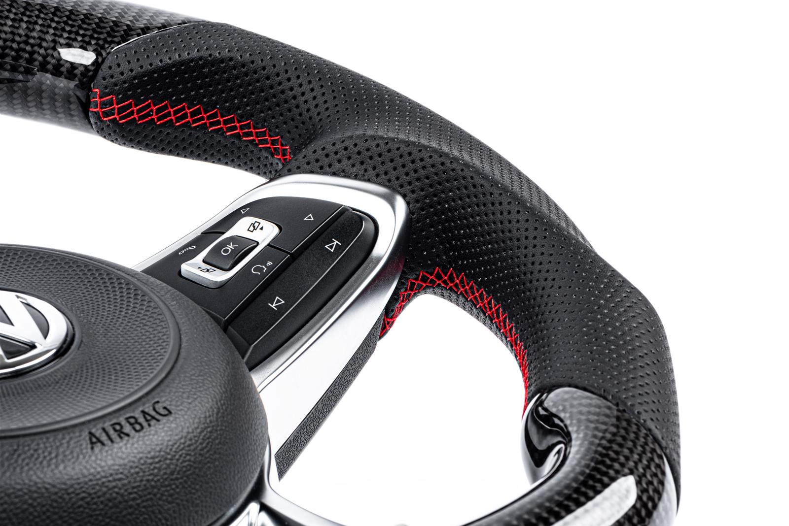 APR Steering Wheels for 2015-2019 GOLF R, 2015-2021 GTI, 2015-2026 JETTA - MS100205 Wheels, Wheel, Carbon Fiber/Leather, Black, Red Stitching, without Paddle Shift, Each thumbnail 2