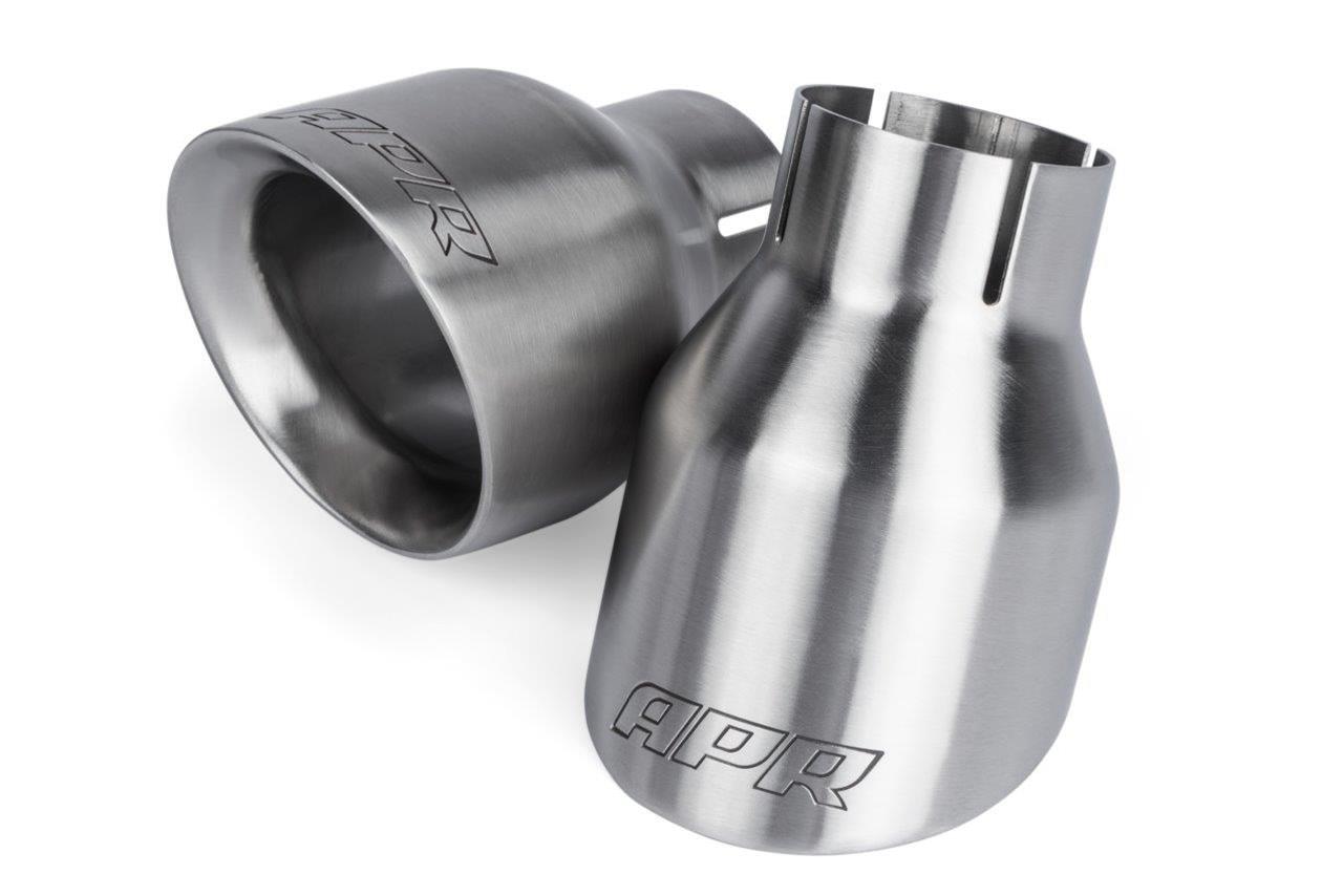 APR Round, Brushed 2.50 Inch Exhaust Tip TPK0002 Tips, Clamp-on, Stainless Steel, Brushed, Slant Cut, in. Inlet, 4.00 in. Outlet, Audi, Porsche, Volkswagen, Pair