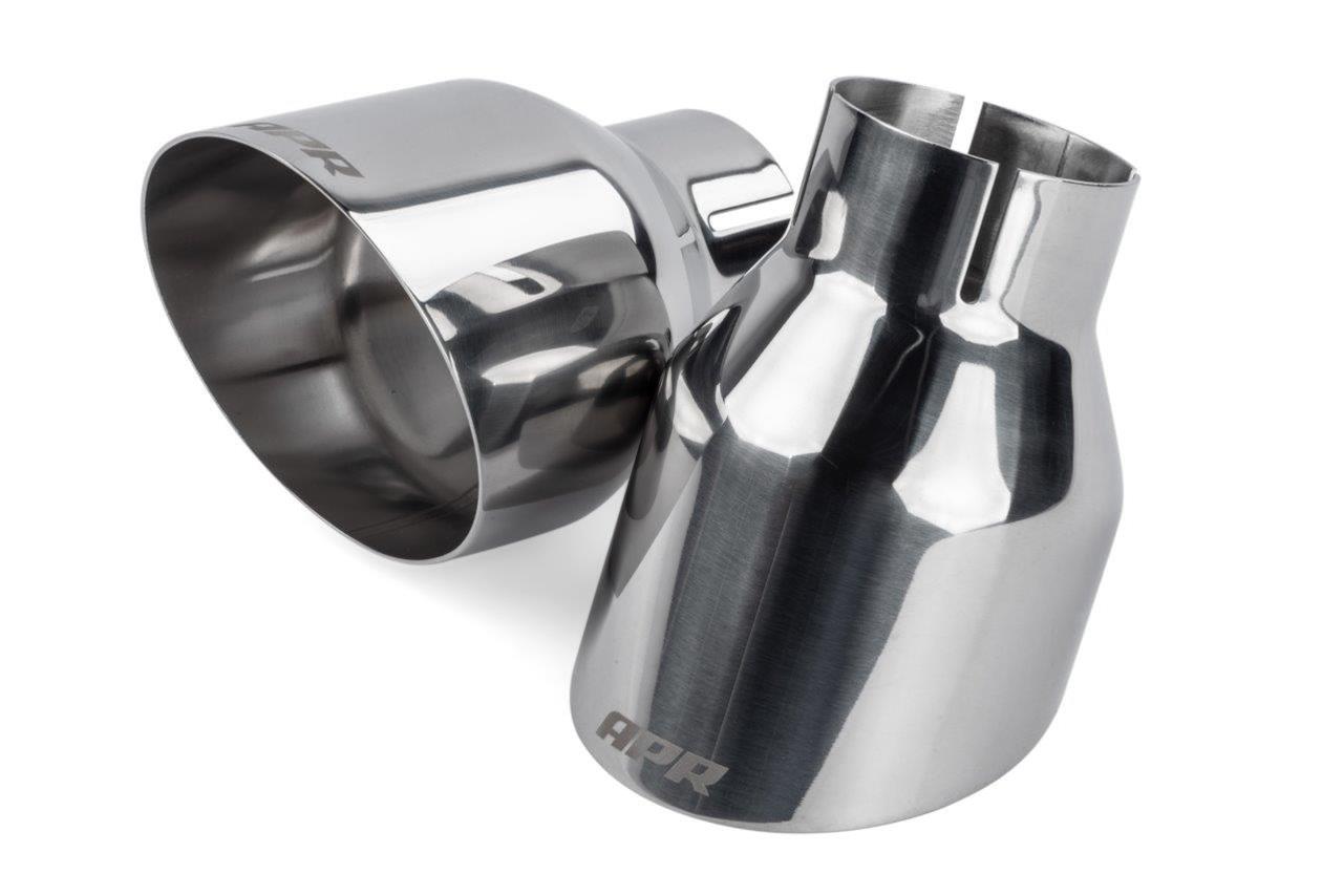 APR Round, Polished 2.50 Inch Exhaust Tip TPK0004 Tips, Clamp-on, Stainless Steel, Polished, Slant Cut, in. Inlet, 4.00 in. Outlet, Audi, Porsche, Volkswagen, Pair thumbnail 2