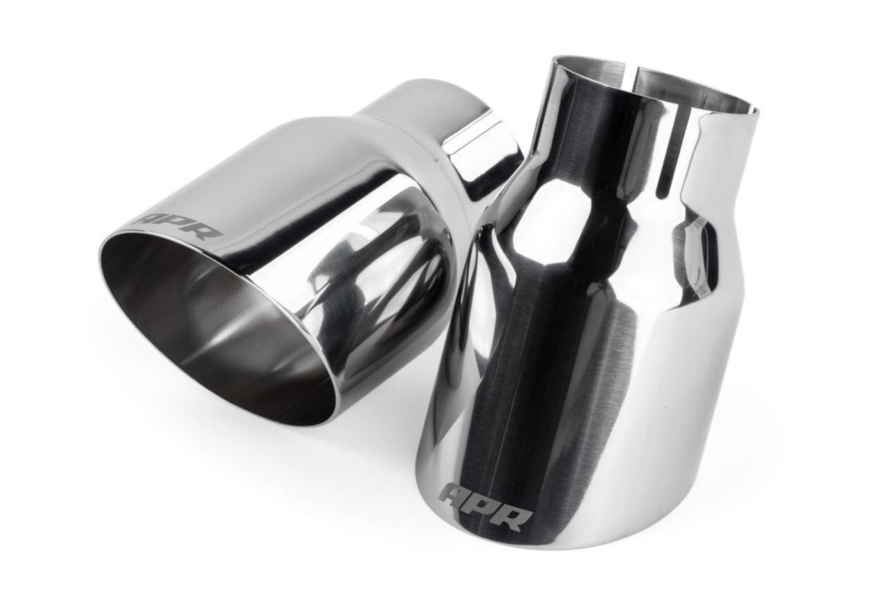APR Round, Polished 2.50 Inch Exhaust Tip TPK0005 Tips, Clamp-on, Stainless Steel, Polished, Slant Cut, in. Inlet, 3.50 in. Outlet, Audi, Porsche, Volkswagen, Pair thumbnail 2