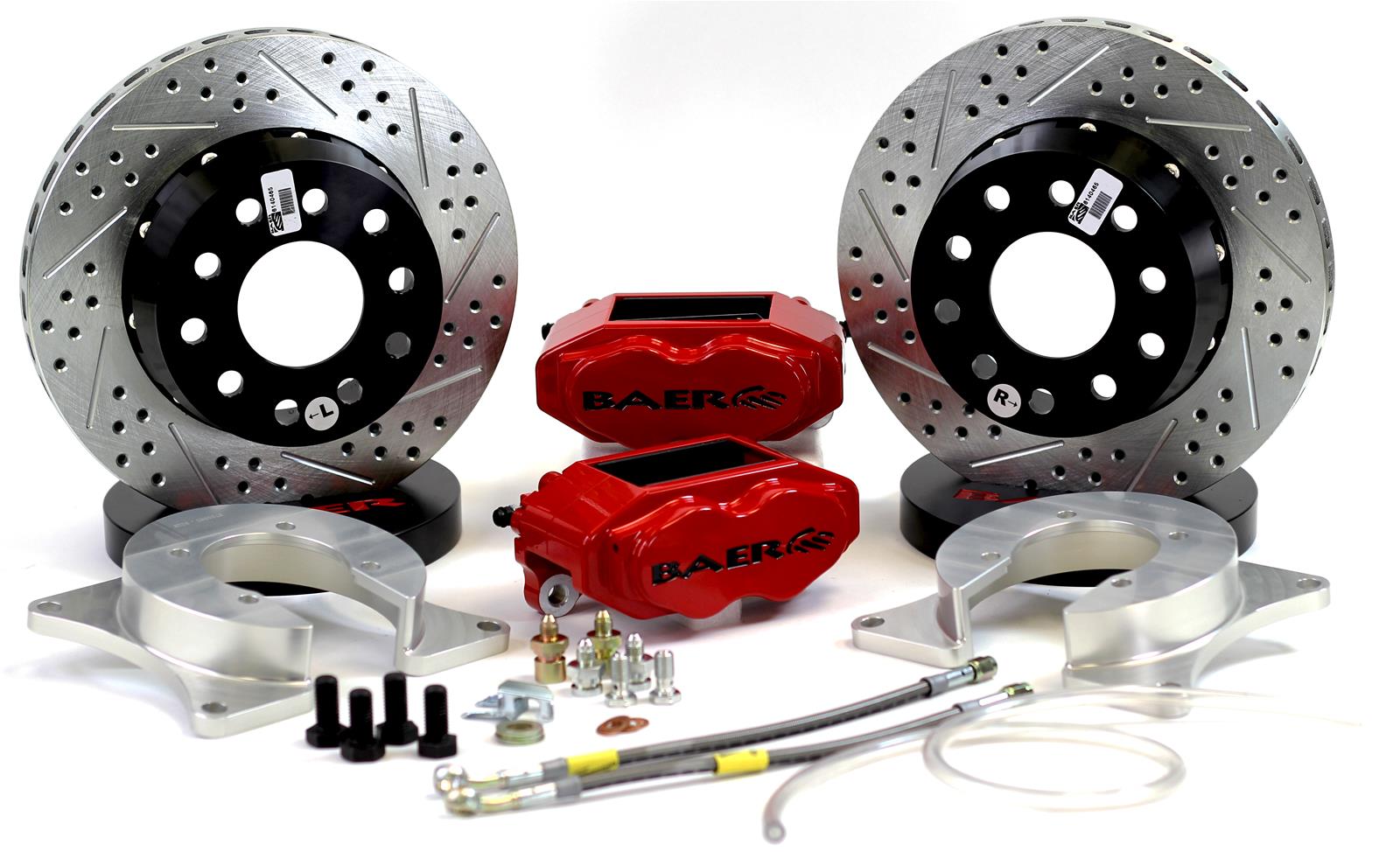 Baer Brakes SS4+ Disc Brake Systems 4262689R Kit, SS4+, Rear, Cross-drilled/Slotted Rotors, 4-piston Red Powdercoated Calipers, Ford, 9 in., Big, Kit