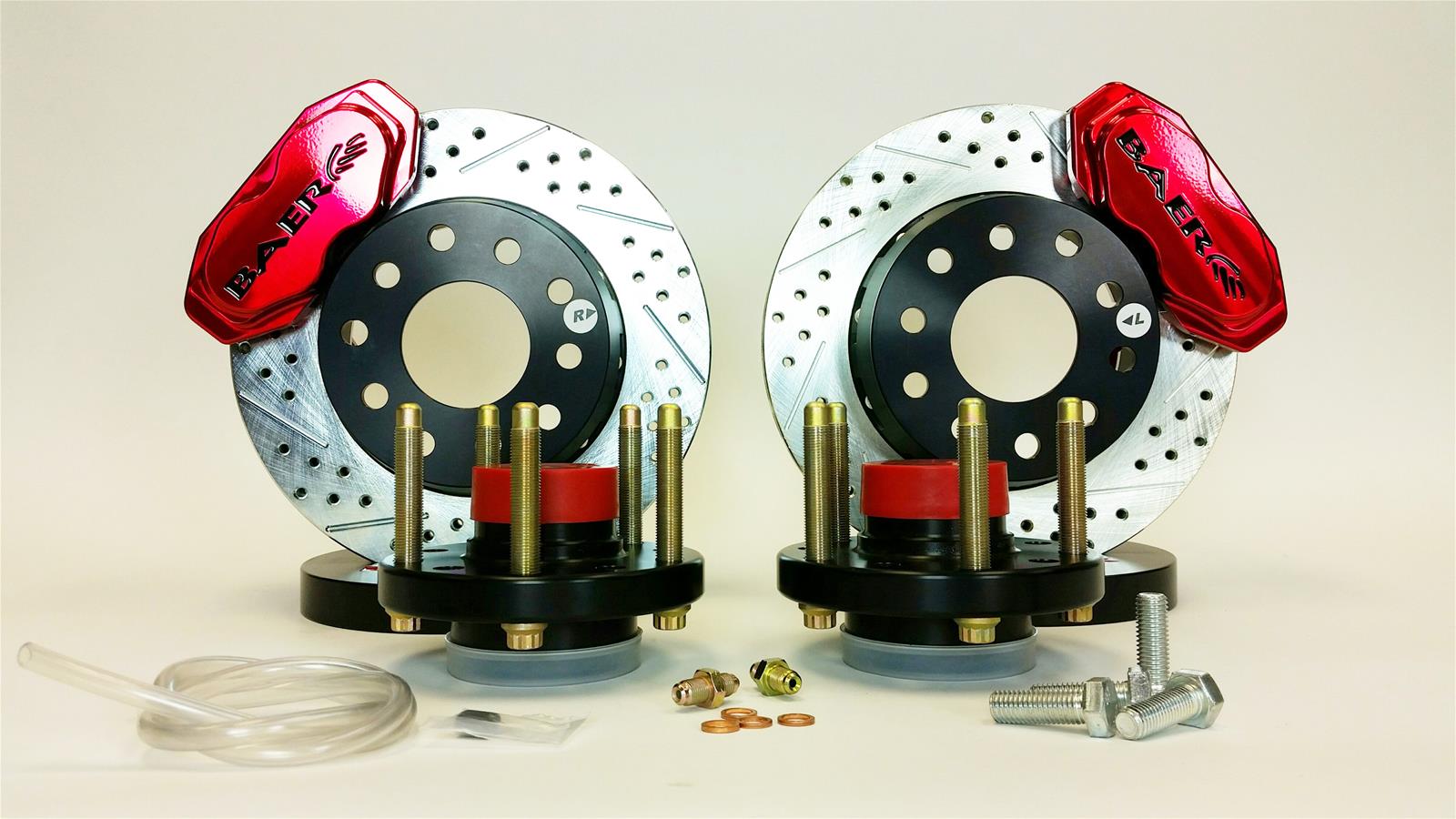 Baer Brakes SS4+ Disc Brake Systems 4261375FR Kits, SS4 Plus Systems, Front, Cross-drilled/Slotted Rotors, 4-piston Fire Red Powdercoated Calipers, Ford, Kit