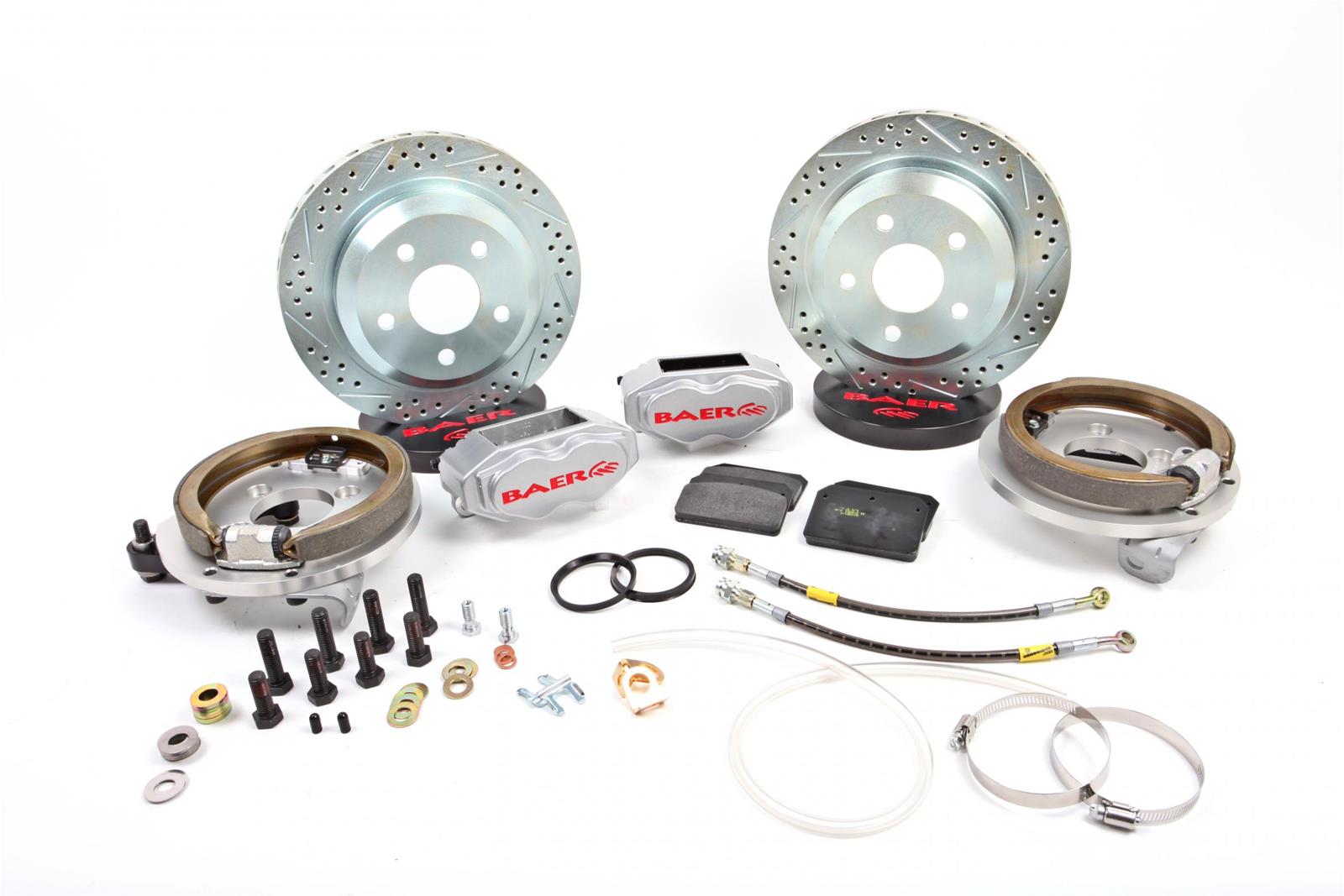 Baer Brakes SS4 Disc Brake Systems 4262241S Kit, System with Park Brake, Rear, Cross-drilled/Slotted Rotors, 4-piston Silver Powdercoated Calipers, Ford, 8.8 in., Kit