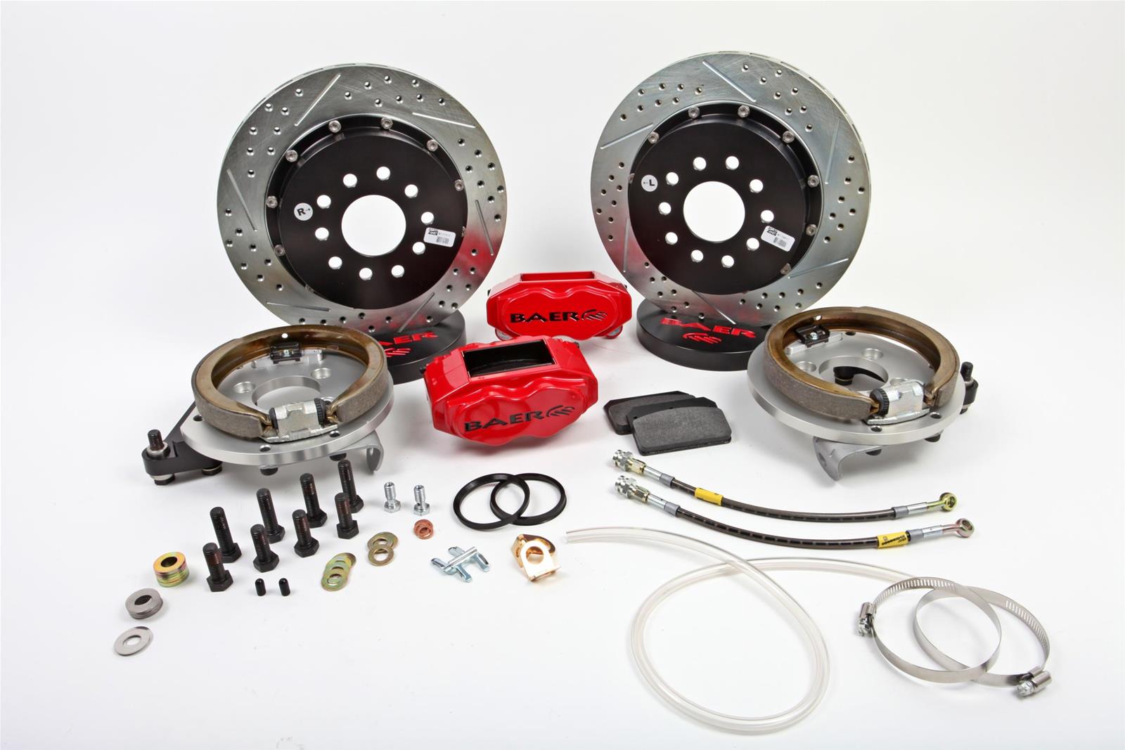 Baer Brakes SS4+ Disc Brake Systems 4262257R Kit, SS4+, Rear, Cross-drilled/Slotted Rotors, 4-piston Red Powdercoated Calipers, Ford, 8.8 in., Kit