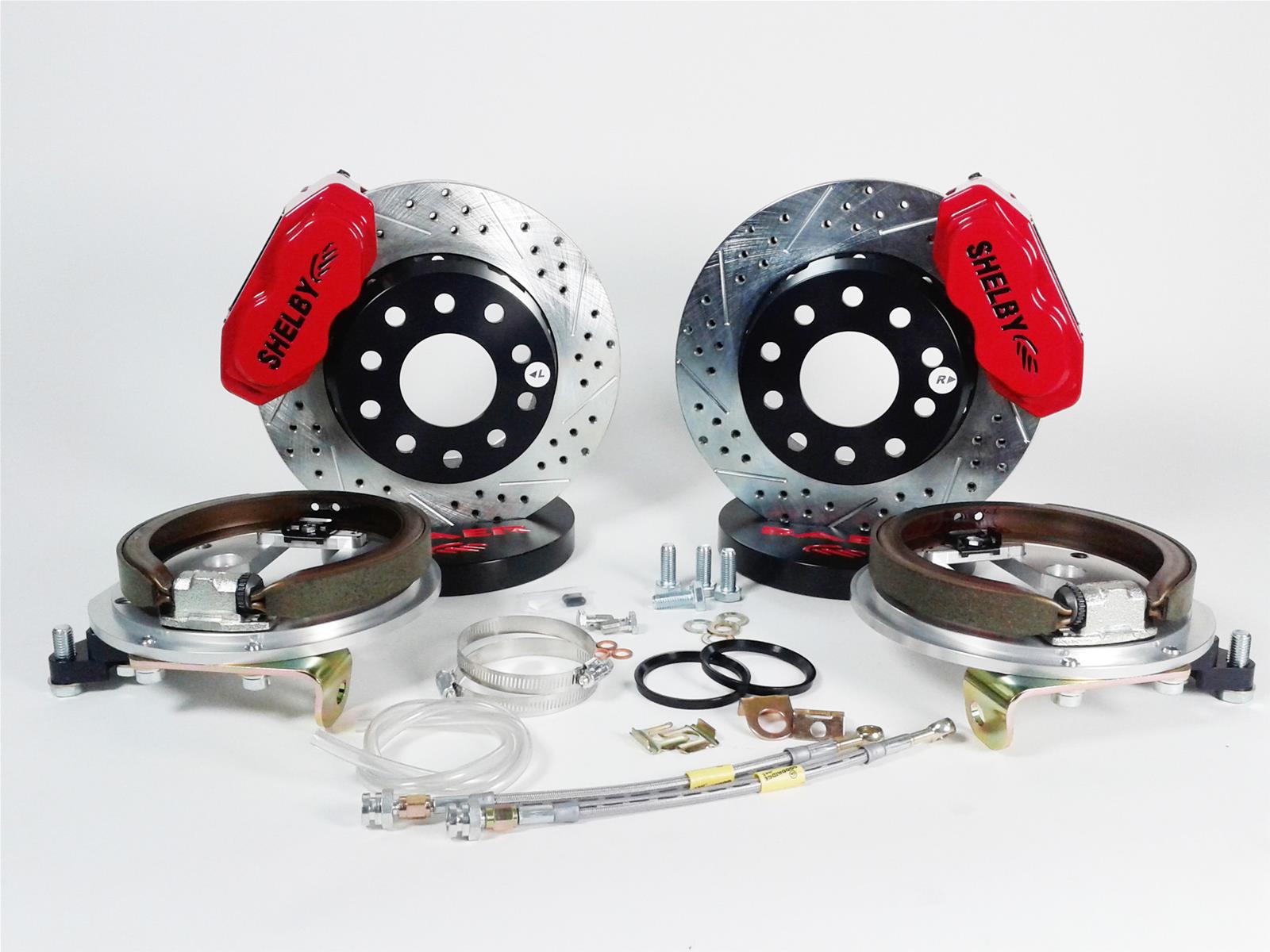 Baer Brakes SS4+ Disc Brake Systems 4262656R Kits, SS4 Plus Systems, Rear, Cross-drilled/Slotted Rotors, 4-piston Red Calipers, Ford 9 in., Big Ford Flange, RWD, Kit