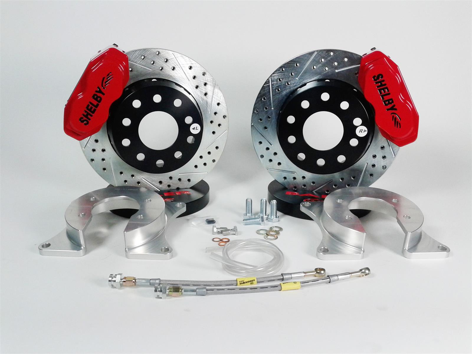 Baer Brakes SS4+ Disc Brake Systems 4262345R Kits, SS4 Plus Systems, Rear, Cross-drilled/Slotted Rotors, 4-piston Red Powdercoated Calipers, Shelby Logo, Ford, Kit
