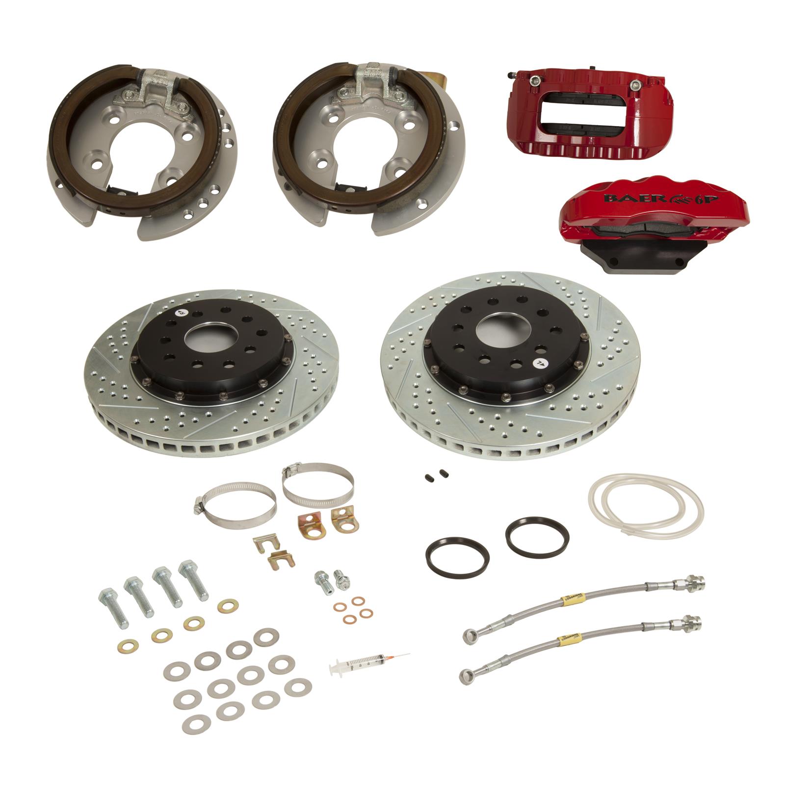 Baer Brakes Claw Pro+ Disc Brake Systems 4262666R Kits, Pro Plus Systems, Rear, Cross-drilled/Slotted Rotors, 6-piston Red Powdercoated Calipers, Ford, Kit