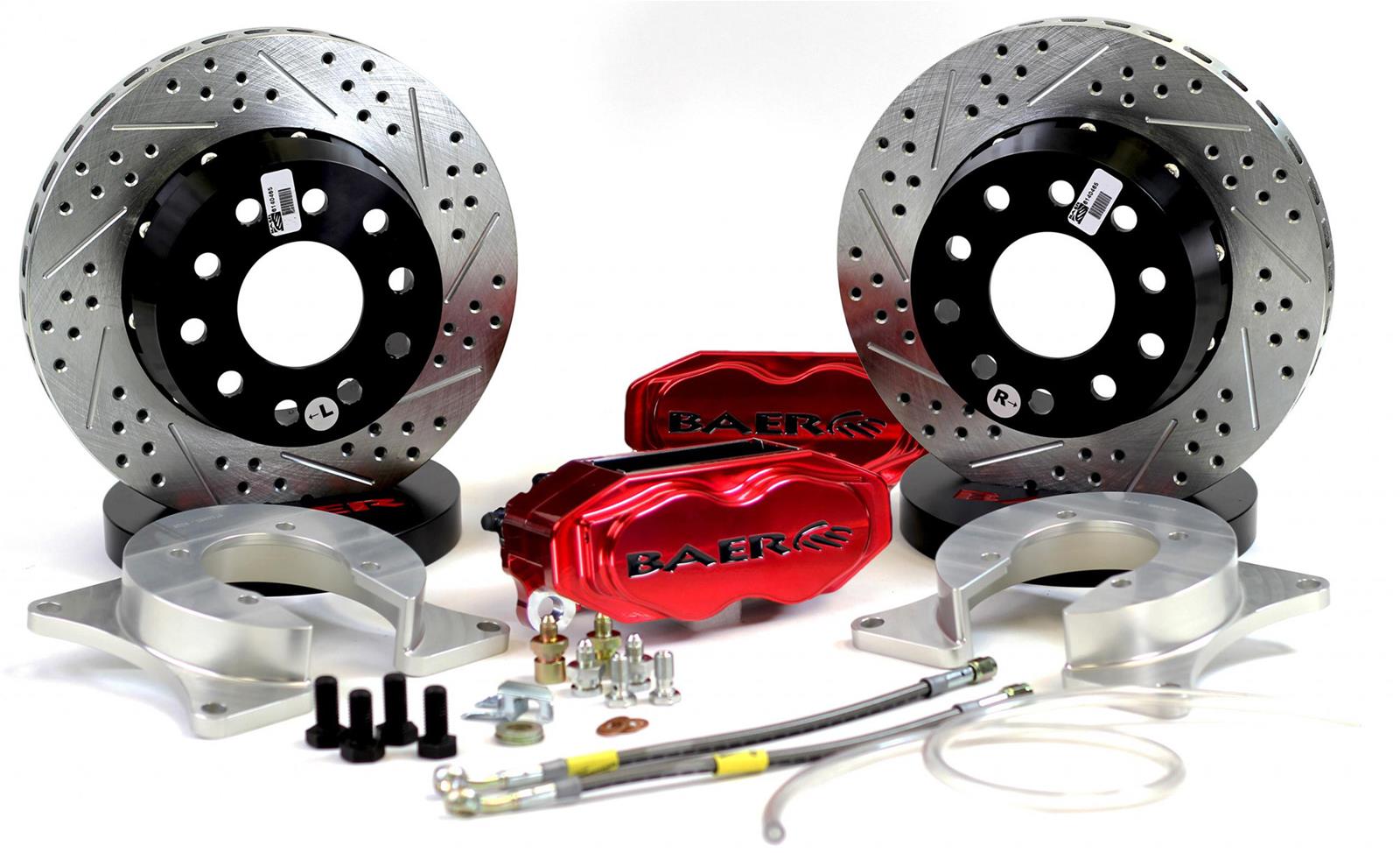 Baer Brakes SS4+ Deep Stage Dual Staging Disc Brake Kits 4262698FR Kit, Staging, Rear, 4-Piston Caliper, Fire Red Powdercoated, Drilled/Slotted, Ford 8.8, Kit