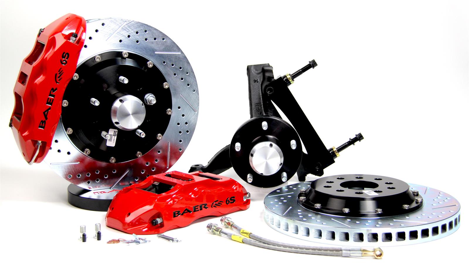 Baer Brakes Claw Extreme+ Disc Brake Systems 4301369R Kit, Extreme+, Front, Cross-drilled/Slotted Rotors, 6-piston Red Powdercoated Calipers, Buick, Chevy, Oldsmobile, Pontiac, Kit
