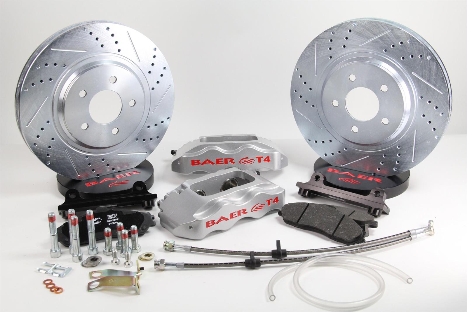 Baer Brakes Track4 Disc Brake Systems 4301411S Kit, Track4, Front, Cross-drilled/Slotted Rotors, 4-piston Silver Powdercoated Calipers, Chevy, Kit