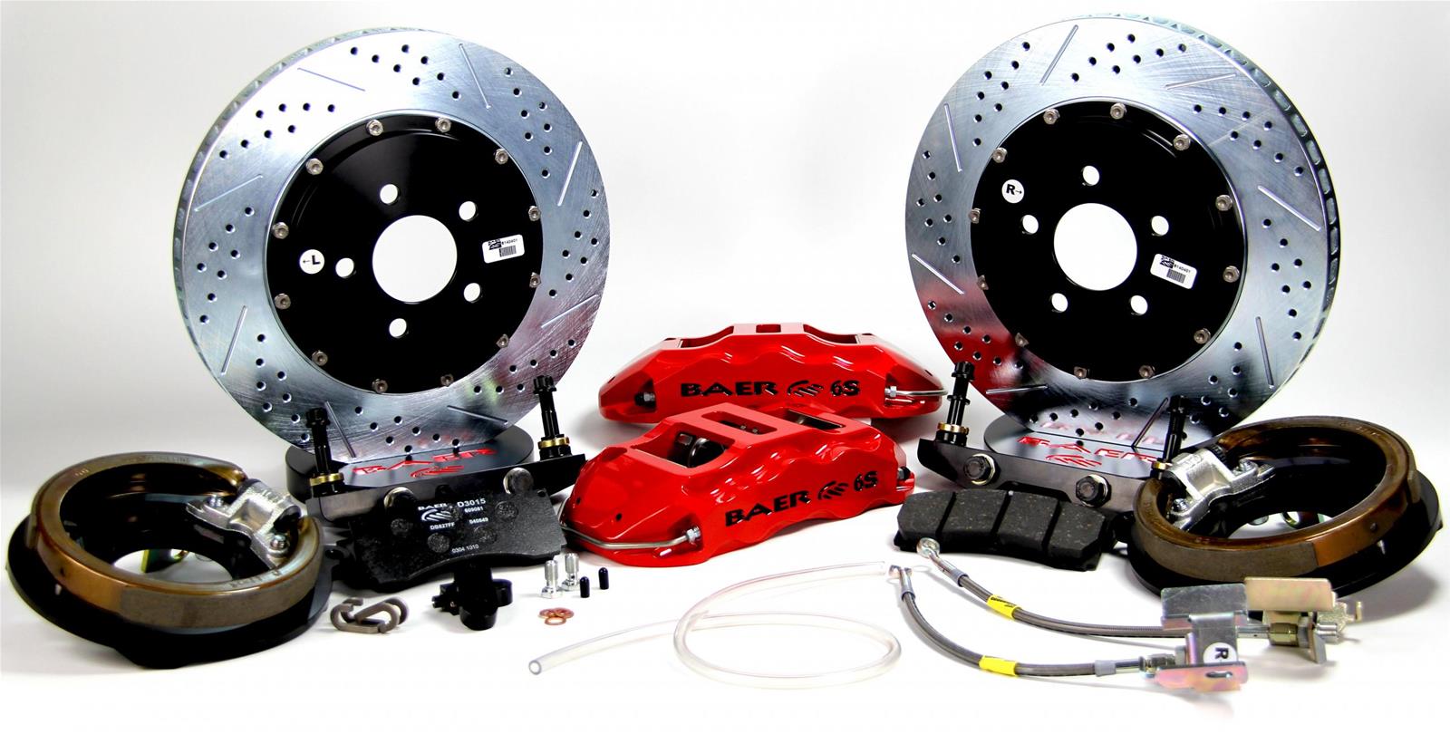 Baer Brakes Claw Extreme+ Disc Brake Systems 4302427R Kit, Extreme+, Rear, Cross-drilled/Slotted Rotors, 6-piston Red Powdercoated Calipers, Chevy, Kit